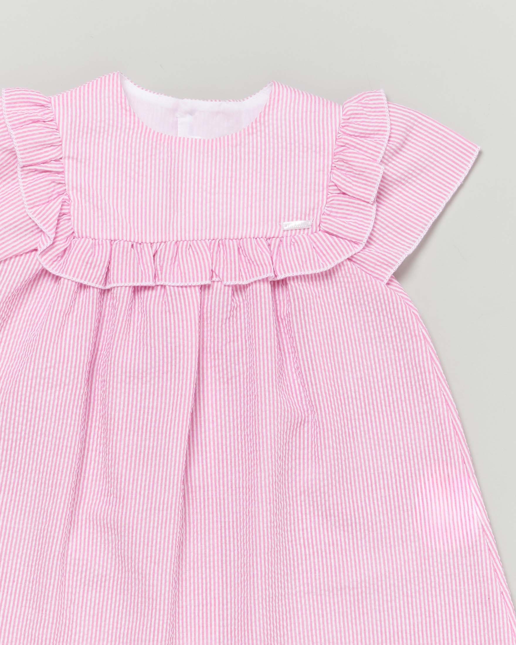 Abito in seersucker Lalalù a righe rosa e bianche con volant e maniche corte  image