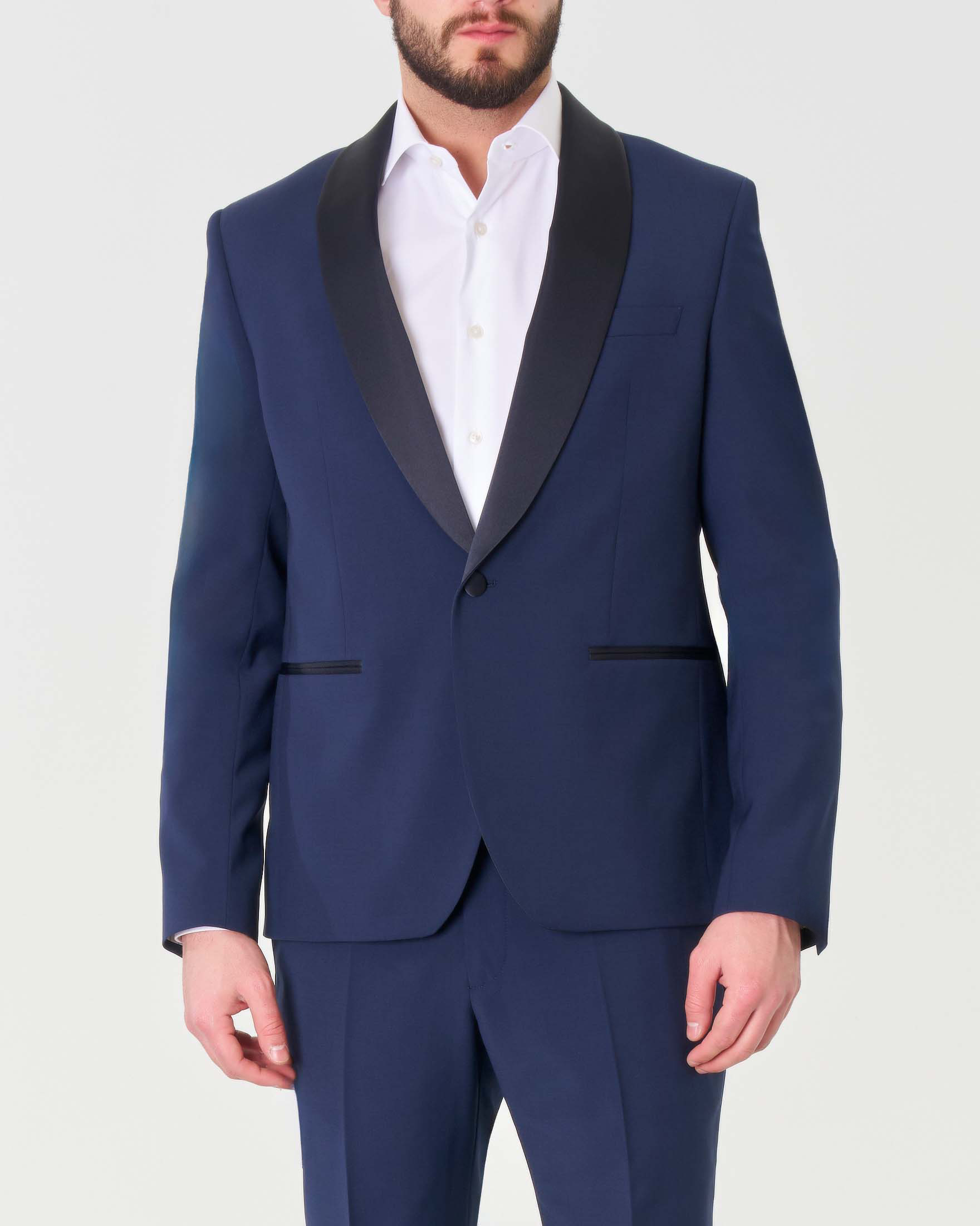 Abito blu in tela di lana stretch con rever a scialle in raso image