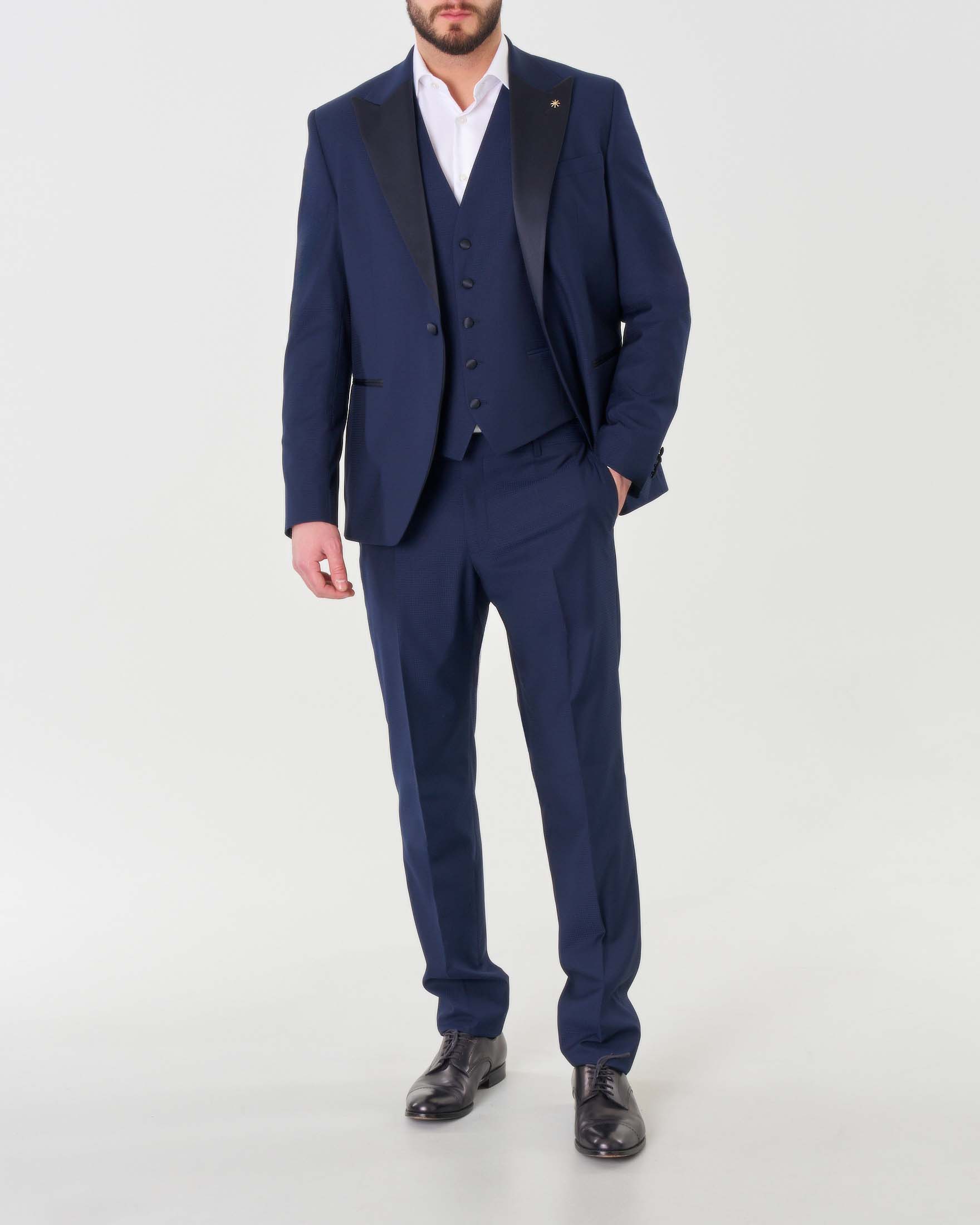 Abito blu in tela di viscosa stretch micro pied de poule con gilet e rever in raso