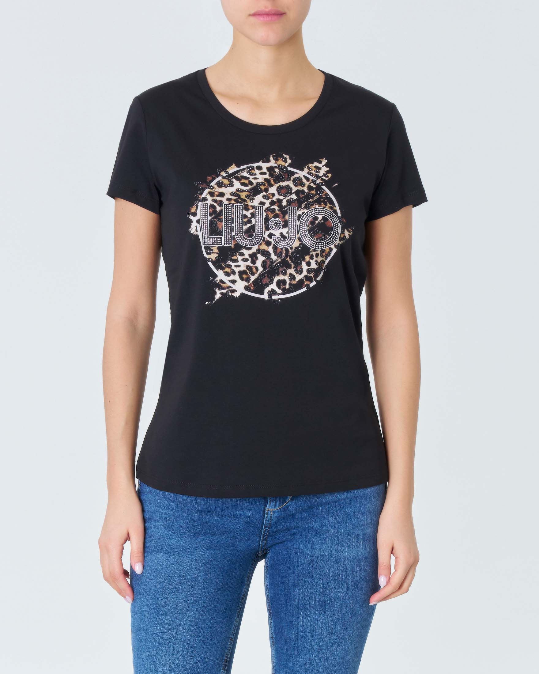 T shirt nera in puro cotone con stampa logo in strass e grafica animalier con perline applicate