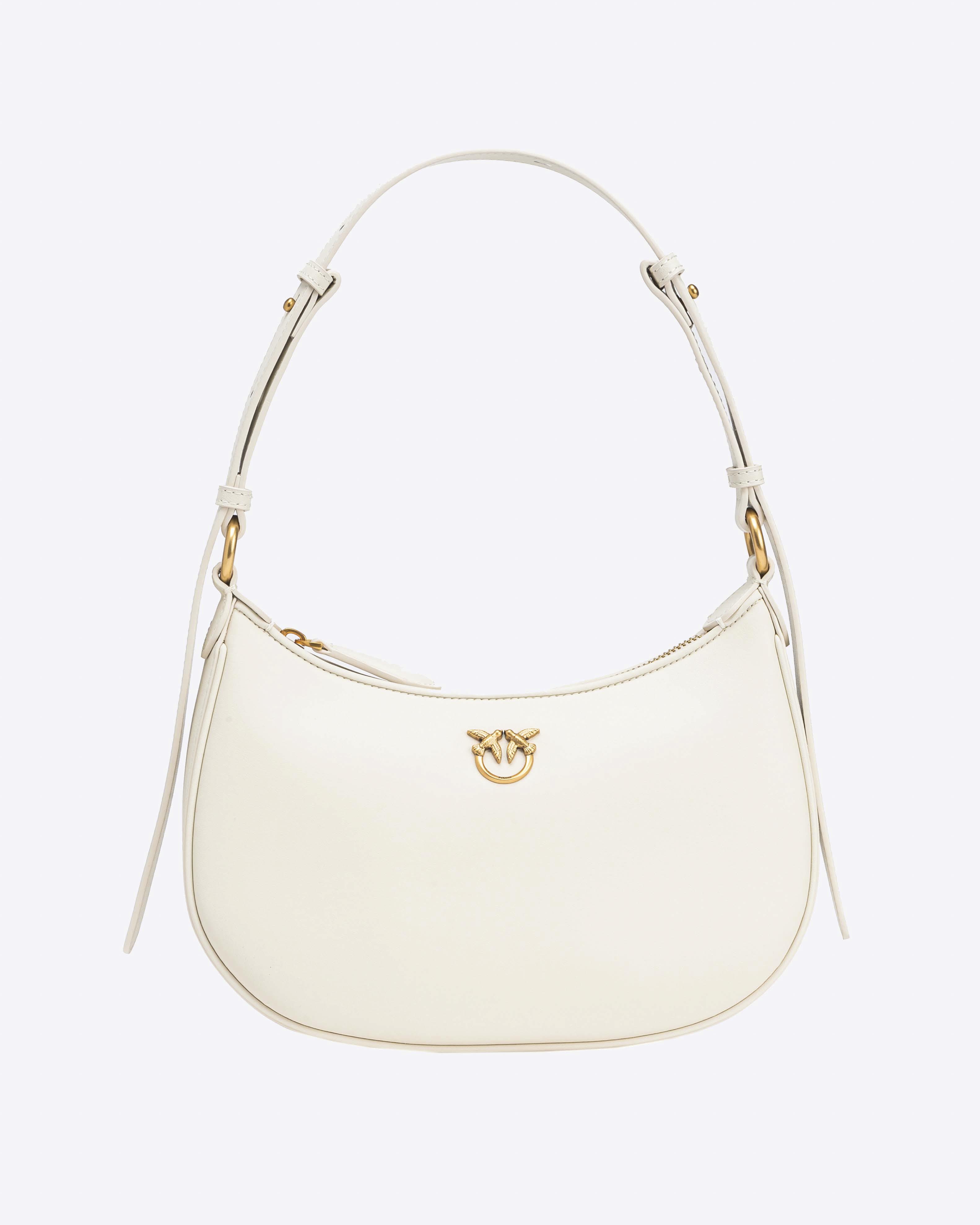 Mini Love Bag Half Moon in pelle liscia bianca con logo Love Birds dorato in metallo frontale