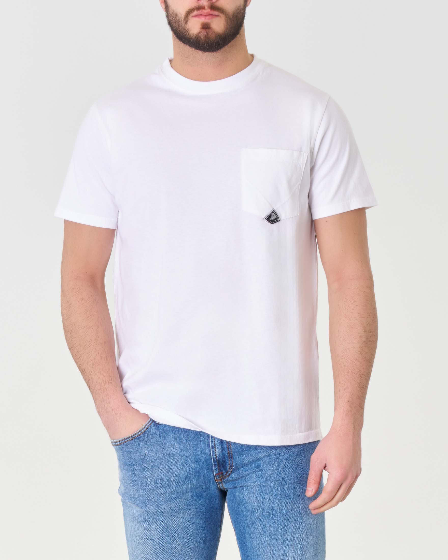 T-shirt mezza manica bianca in puro cotone con taschino applicato sul petto
