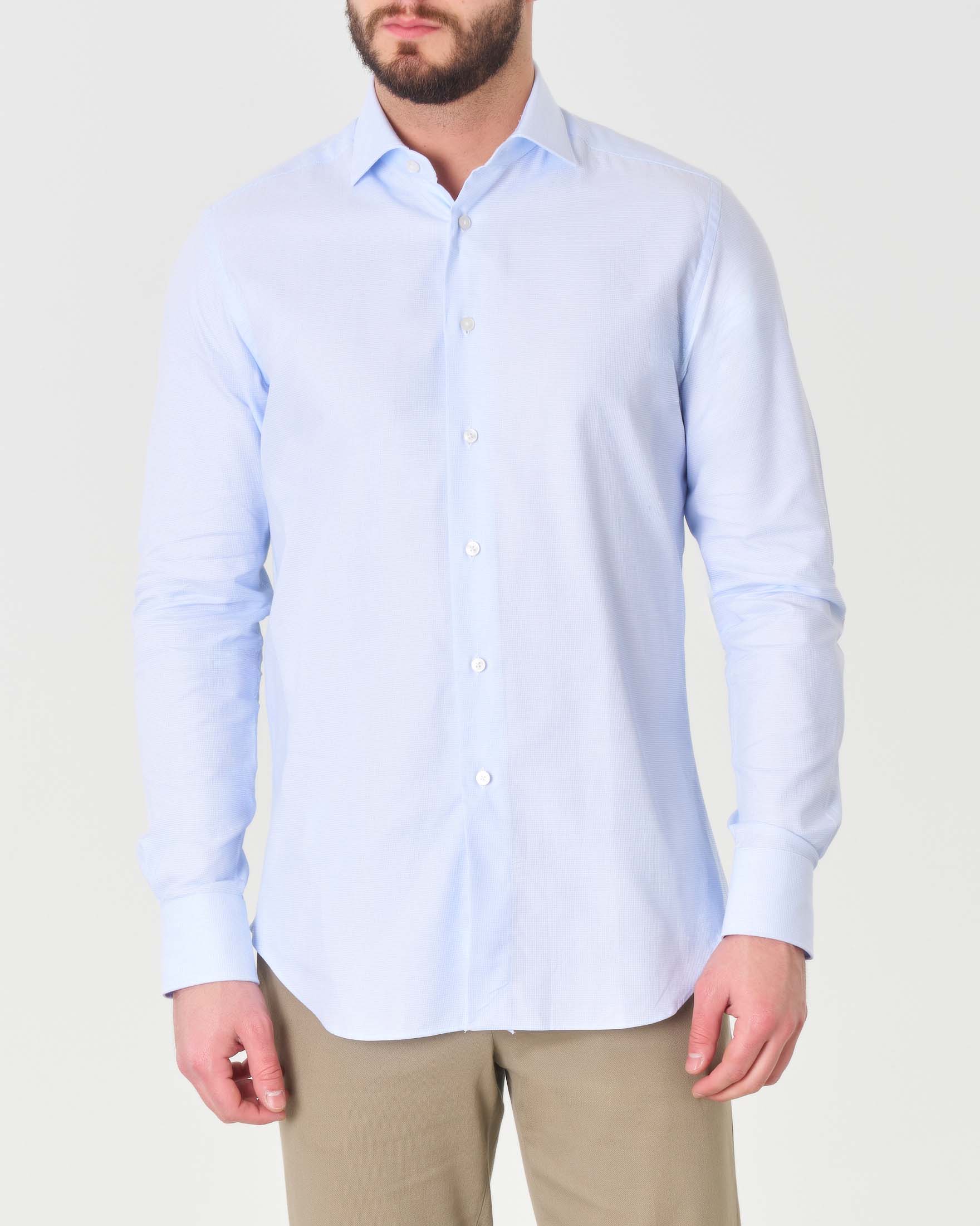Camicia azzurra micro quadretto di puro cotone tailor fit
