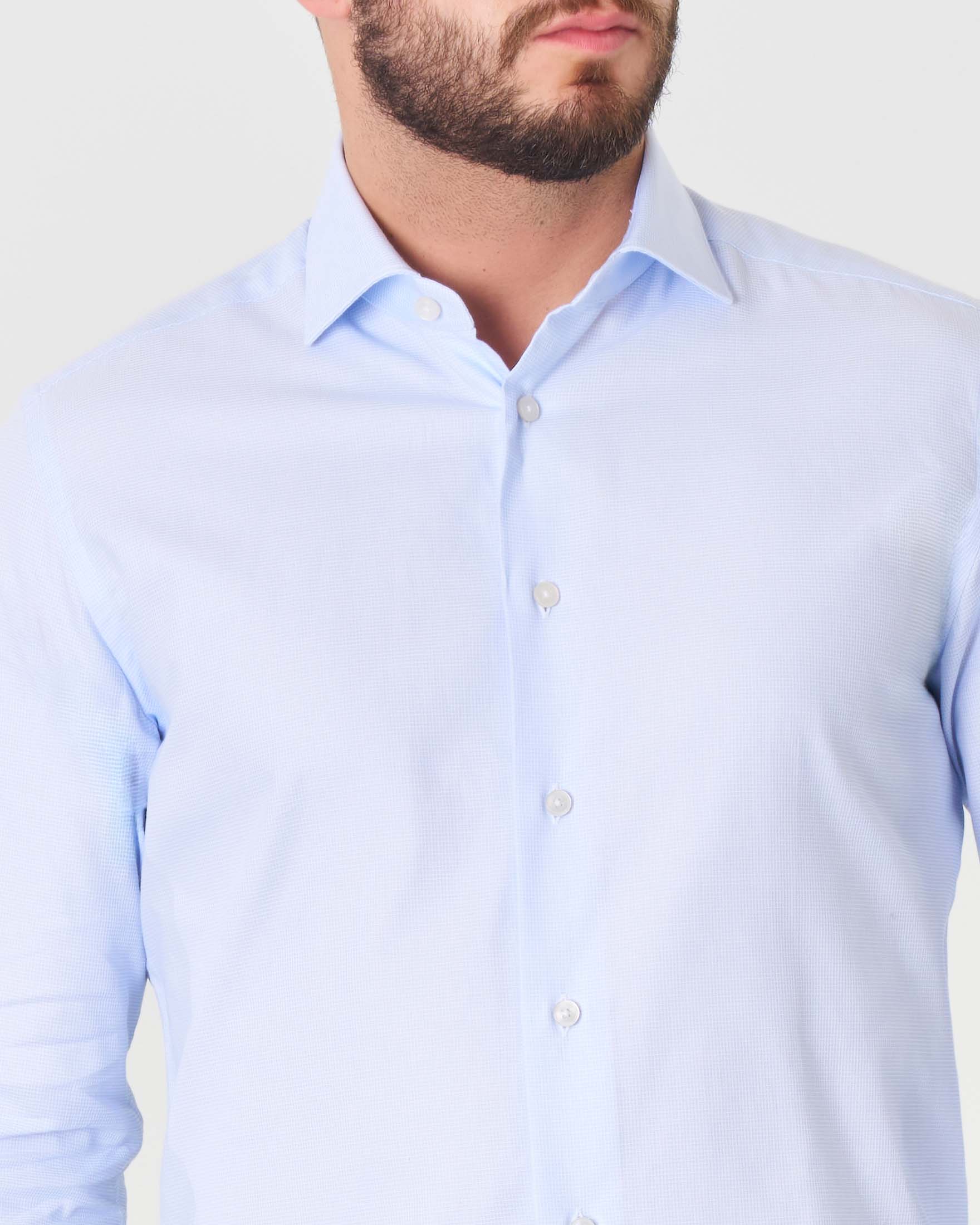 Camicia Azzurra Micro Quadretto Di Puro Cotone Tailor Fit - Foto 10
