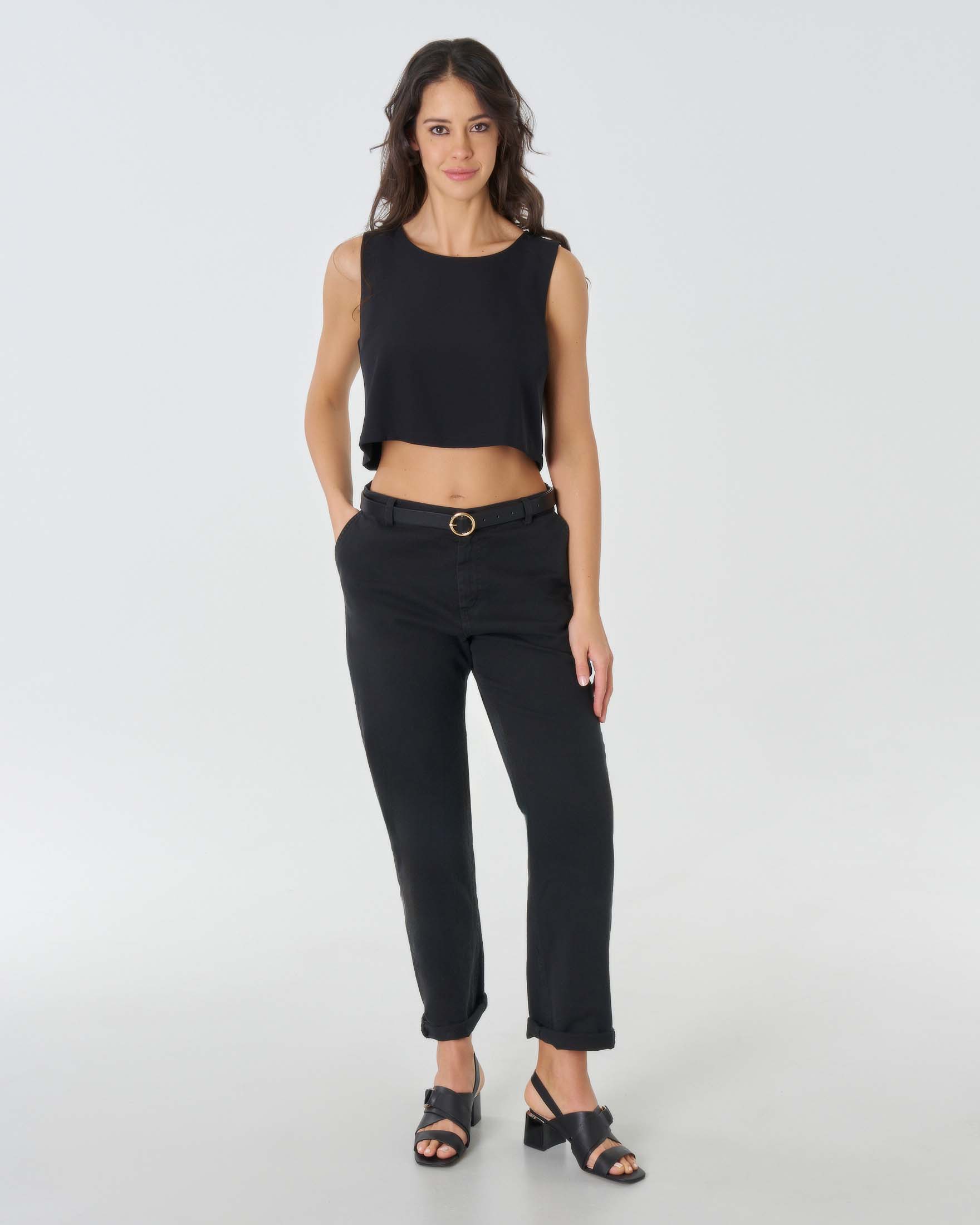 Crop top nero in cady senza maniche Pellizzari