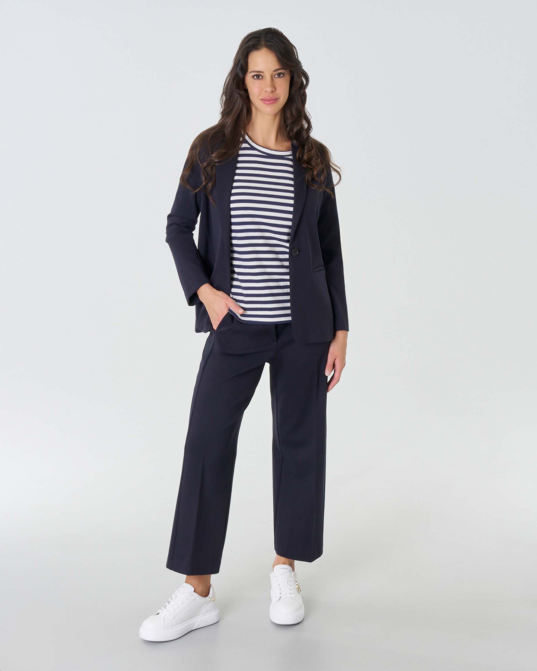 Pantaloni cropped blu in misto viscosa lavorata a punto Milano con elastico in vita