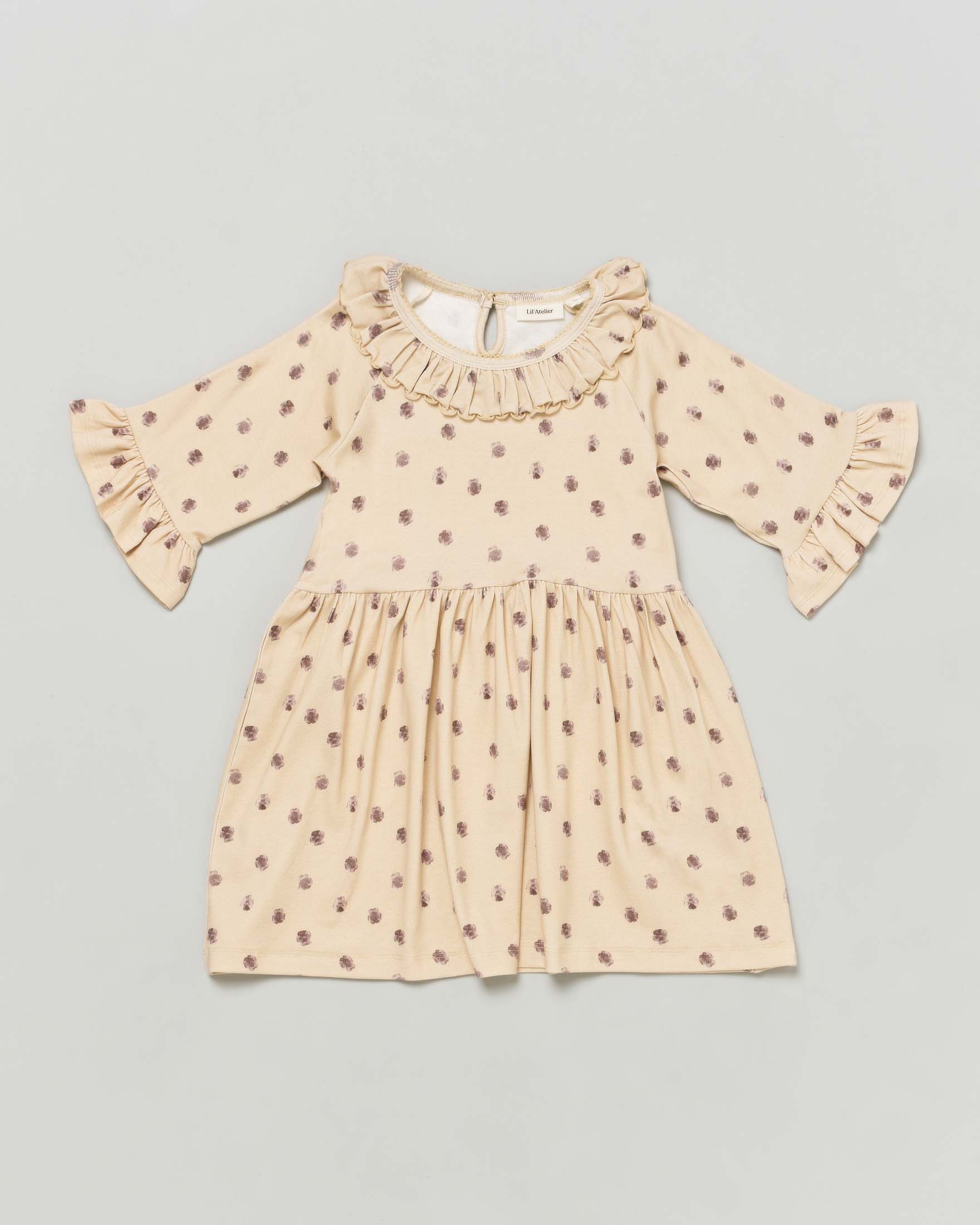 Abito beige in cotone stretch a fantasia floreale malva con maniche a tre quarti e volant 2-7 anni