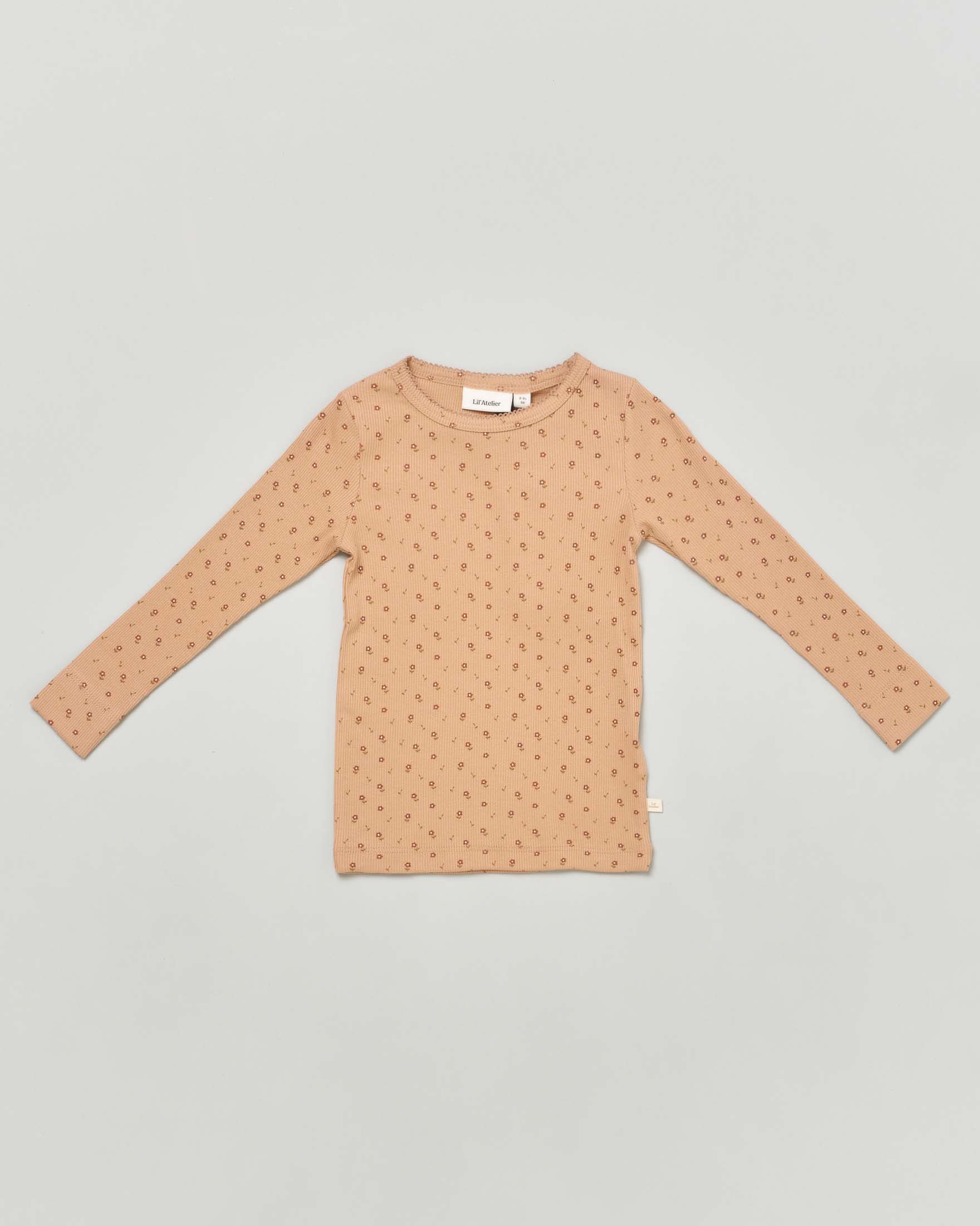 T-shirt Lil'Atelier cammello a costine con fantasia floreale e maniche lunghe