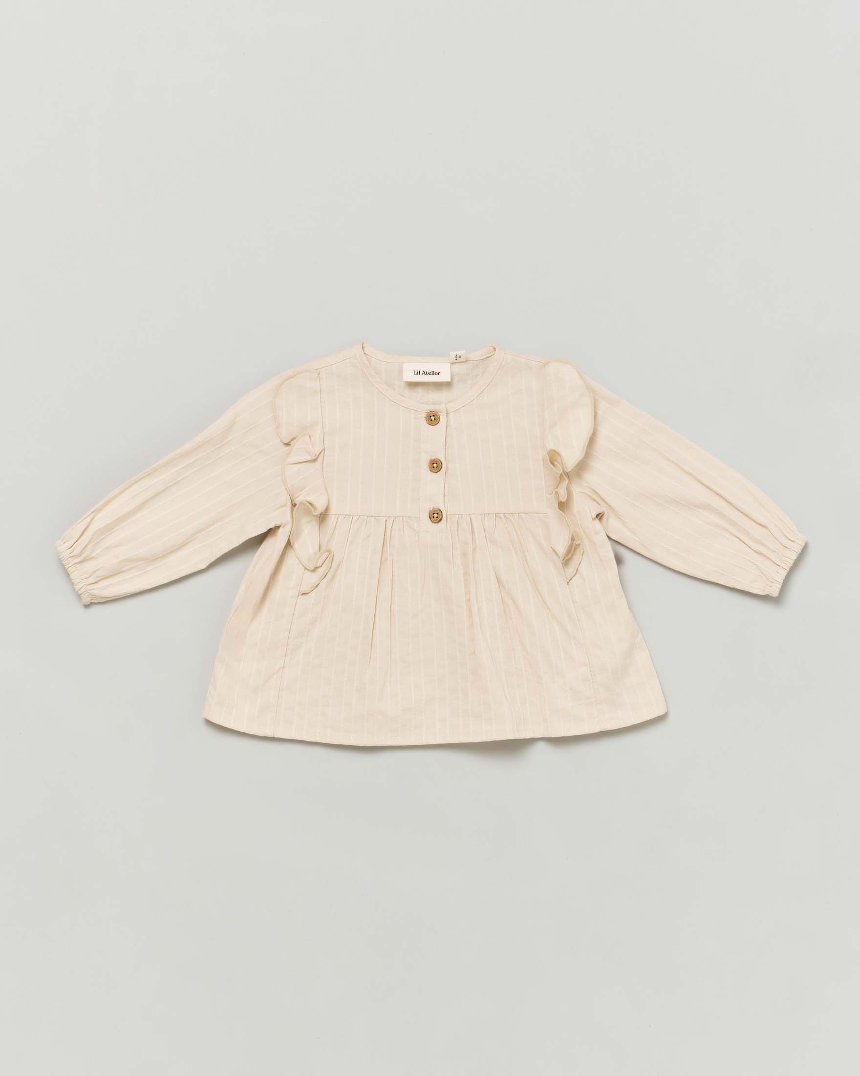 Camicia Lil'Atelier in cotone beige a fantasia rigata bianca con volants