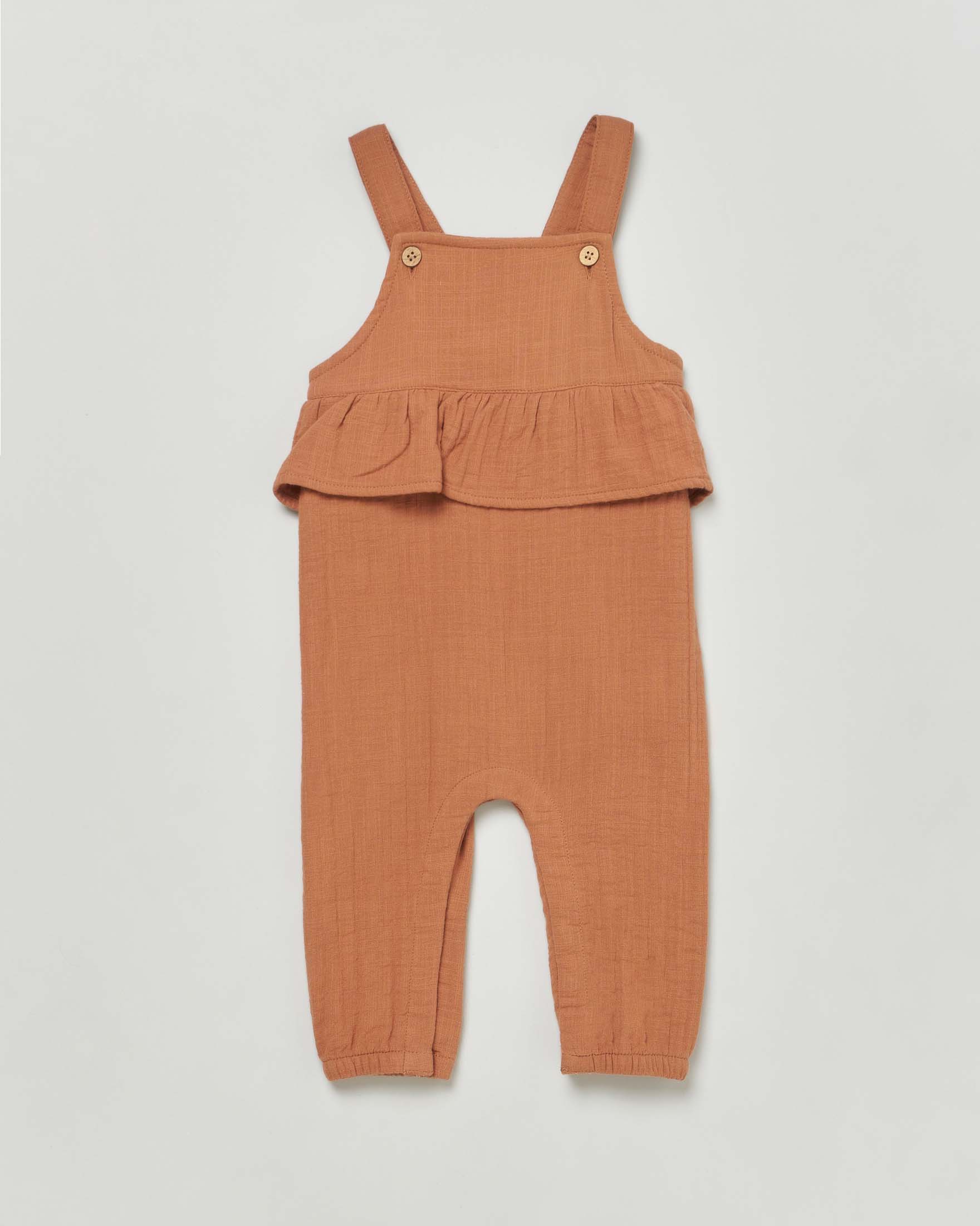 Salopette Lil'Atelier caramello in cotone con volant 