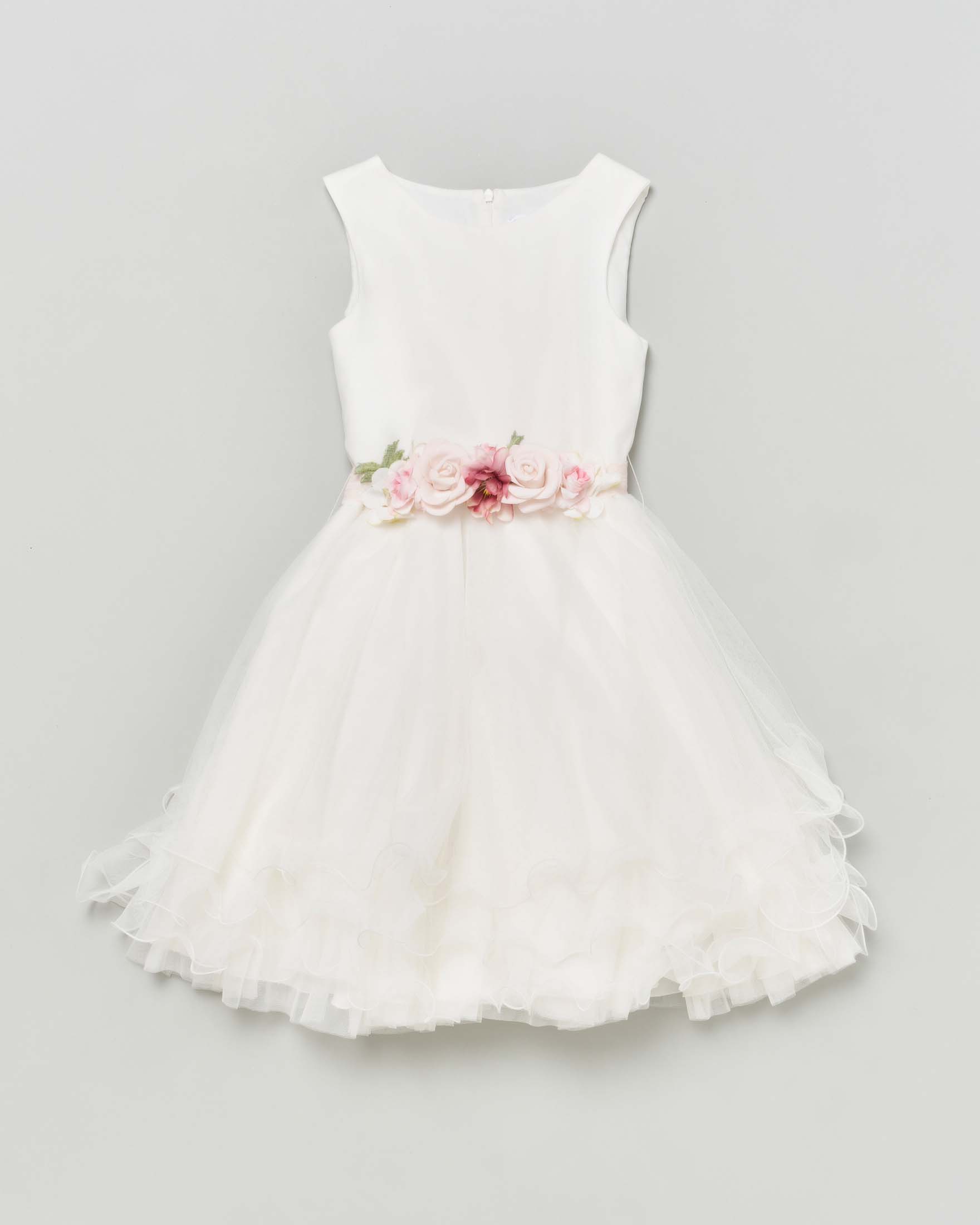 Abito Mimilù bianco senza maniche con gonna in tulle e fascia rosa ricamata con fiori 