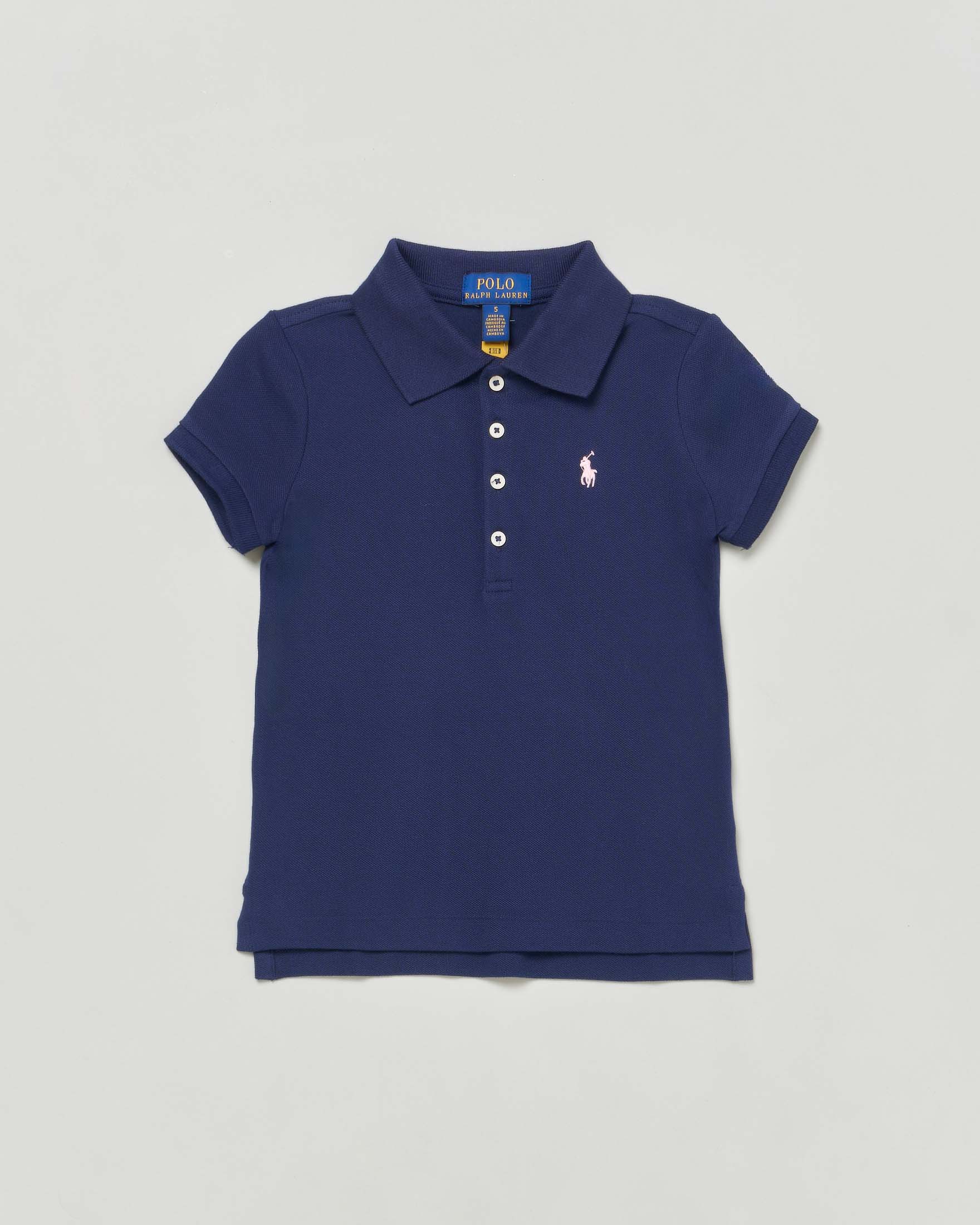 Polo blu a maniche corte in cotone stretch con logo pony rosa