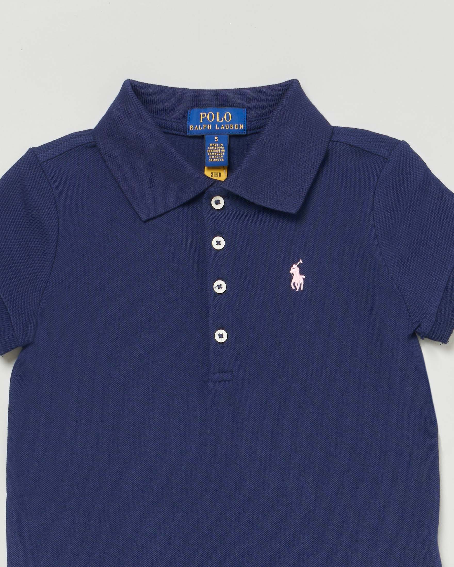Polo blu Ralph Lauren a maniche corte in cotone stretch con logo pony rosa  image