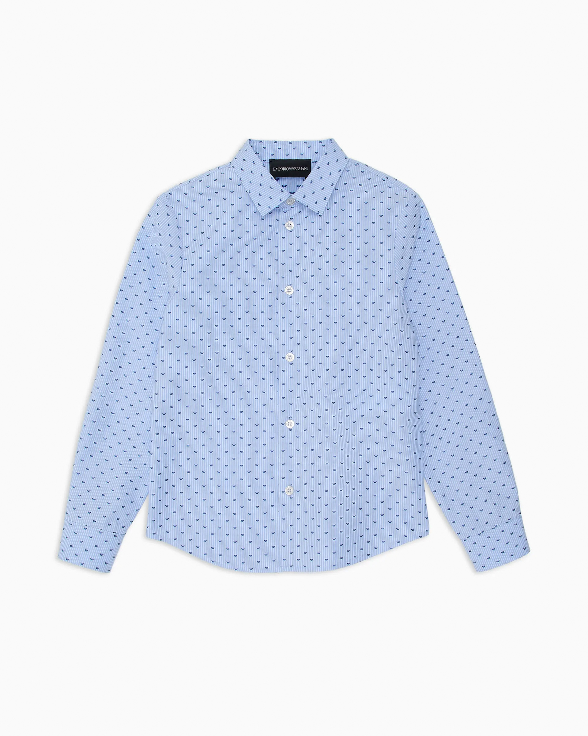 Camicia azzurra in cotone a righe bianche e micro stampa aquilette all-over