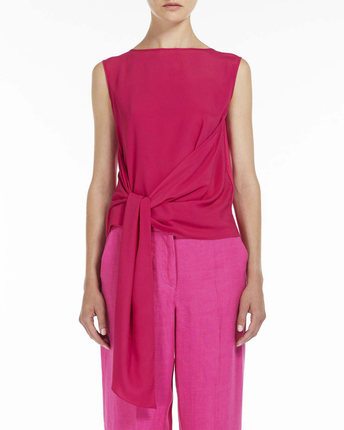 Top senza maniche fucsia in misto seta con motivo a nodo drappeggiato sul fondo