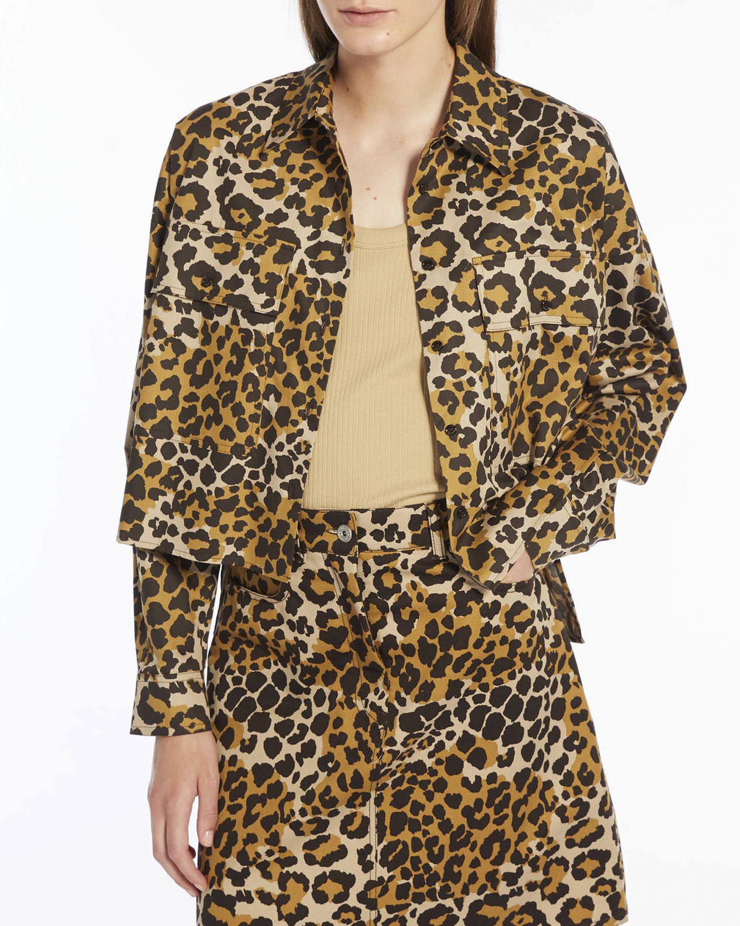 Giacca a camicia in cotone a stampa animalier dalla linea dritta e