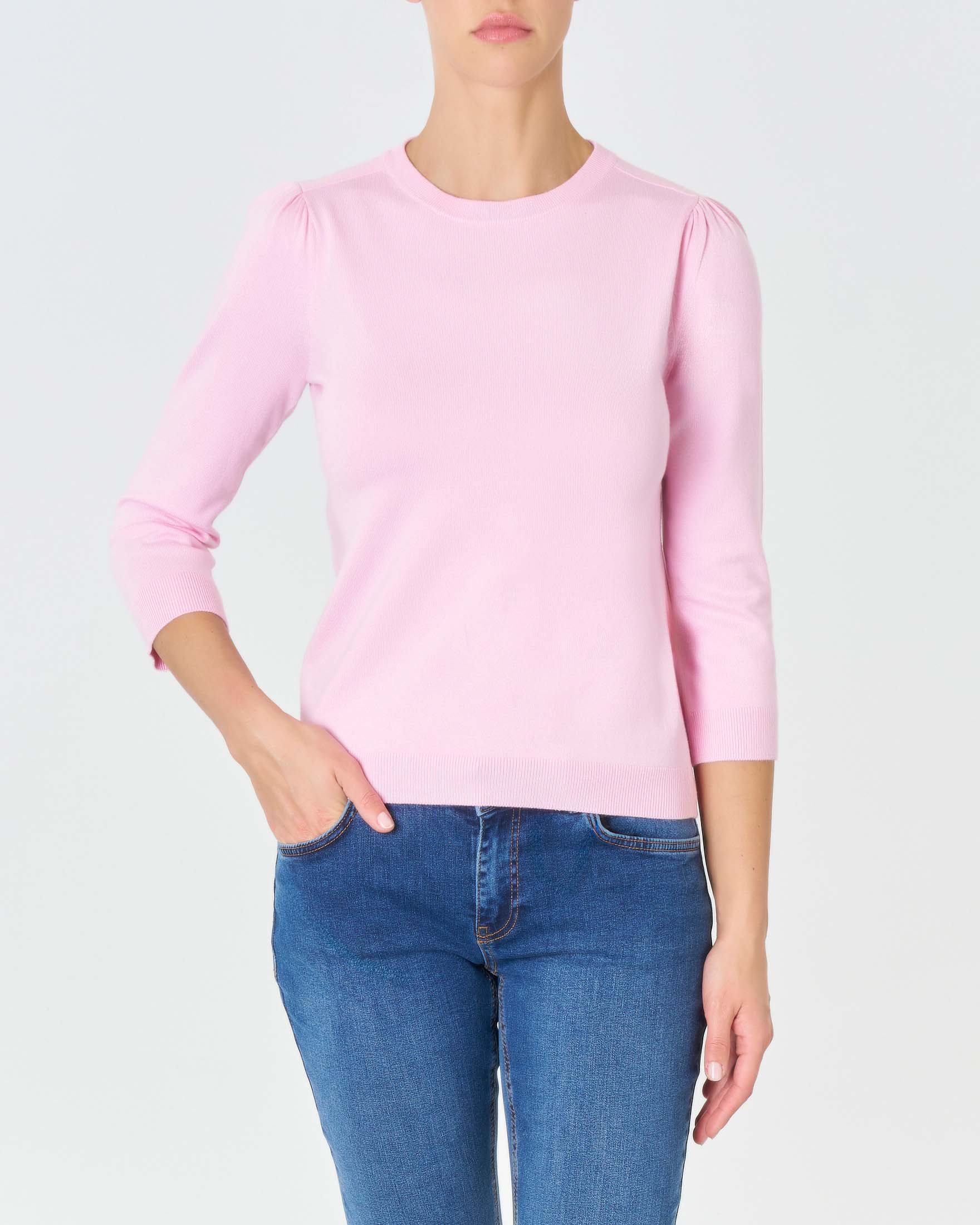 Maglia rosa in misto viscosa a maniche a tre quarti con arricciatura sulle spalle