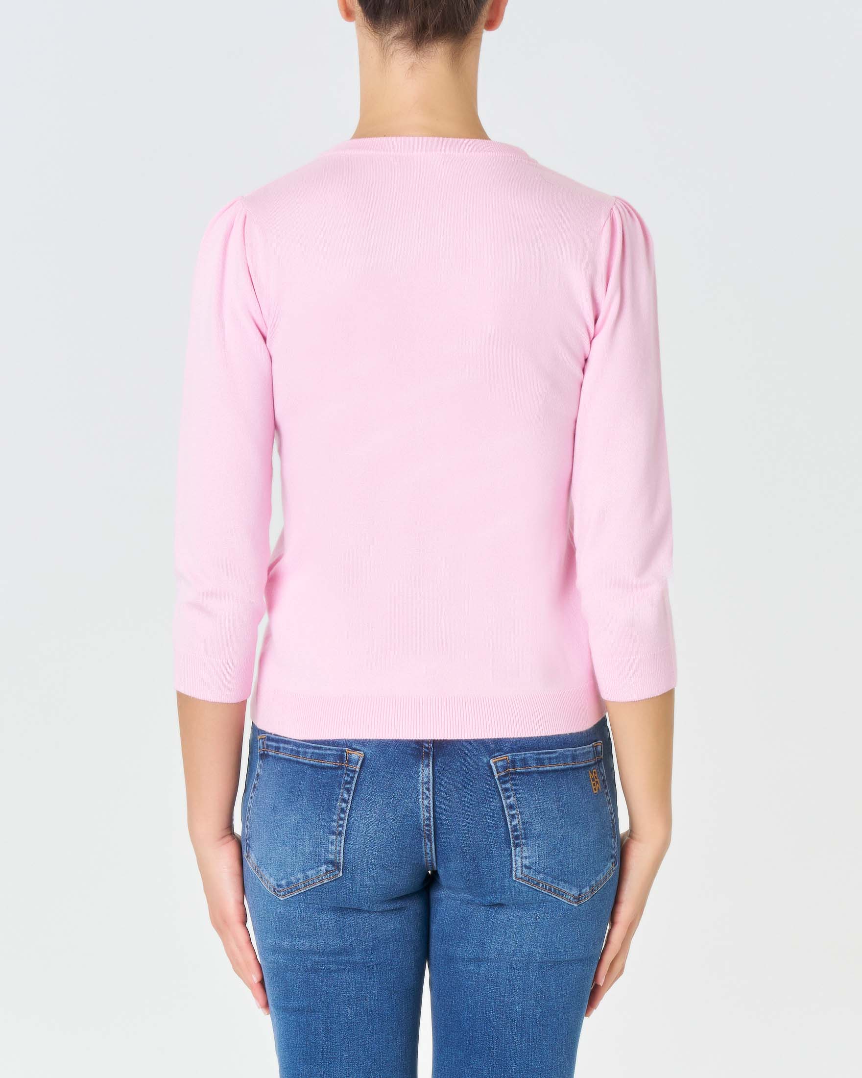 Maglia rosa in misto viscosa a maniche a tre quarti con arricciatura sulle spalle