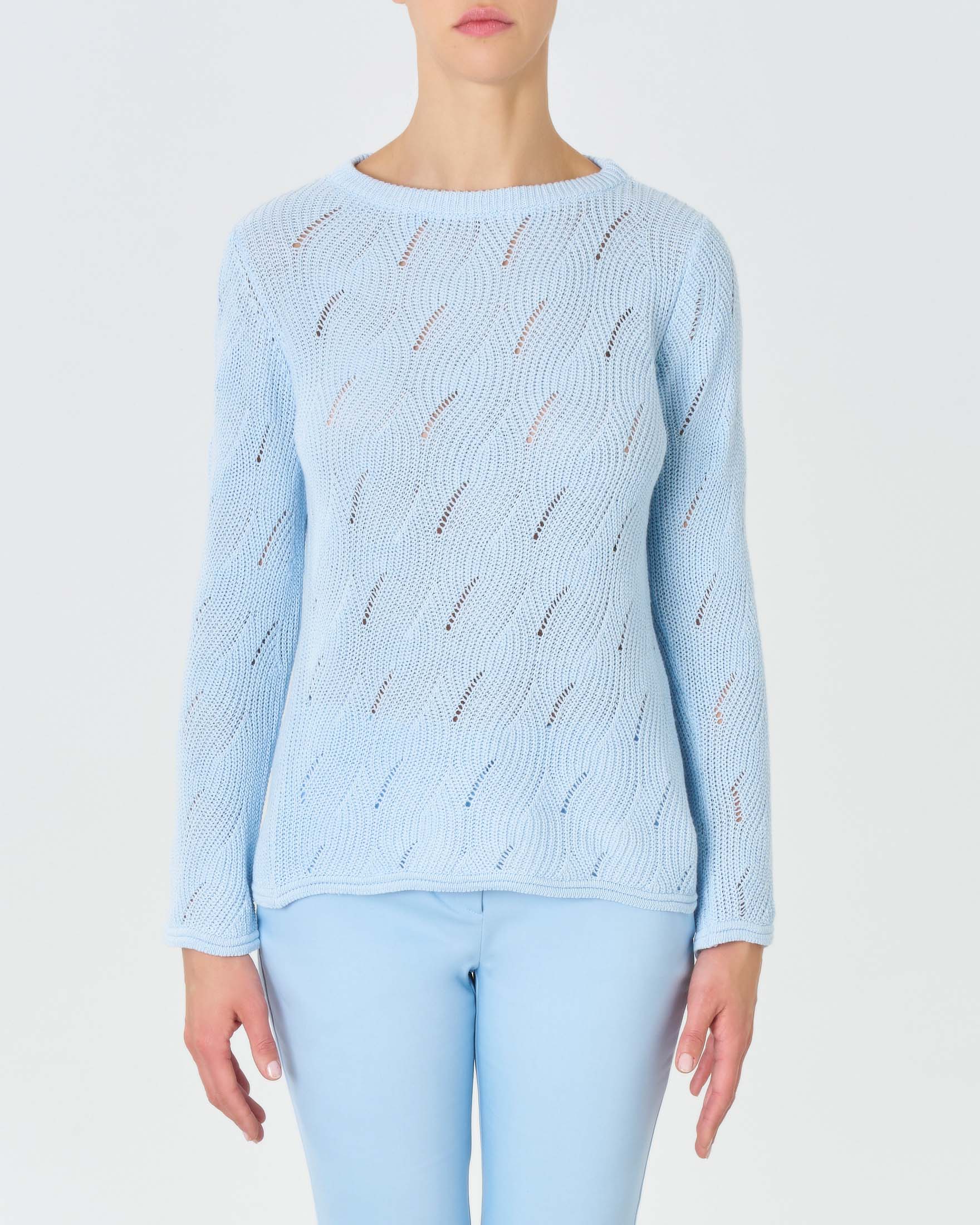 Maglia azzurra girocollo in misto cotone a lavorazione punzonata a trecce