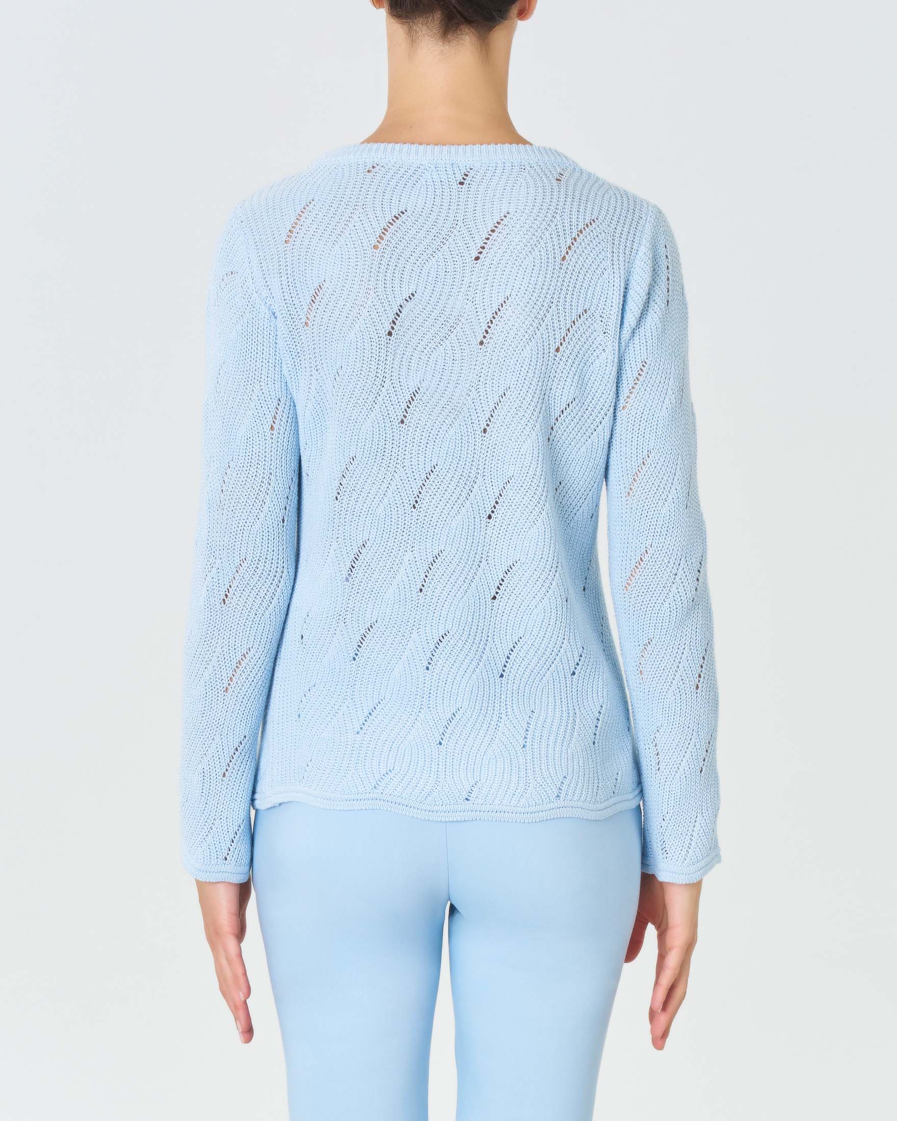 Maglia azzurra girocollo in misto cotone a lavorazione punzonata a trecce