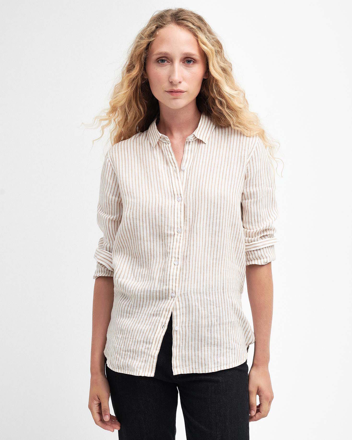 Camicia in lino bianca a righe beige