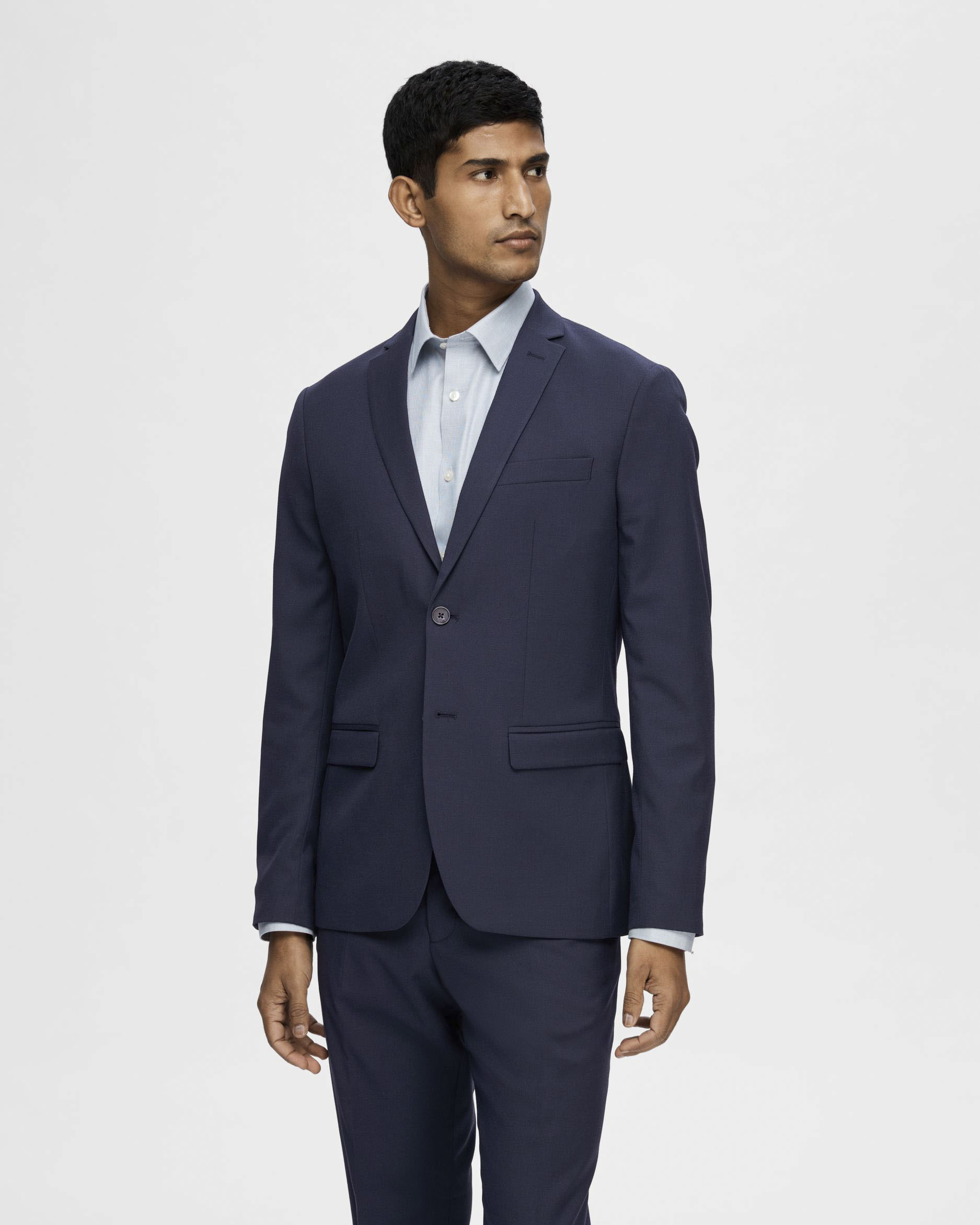 Blazer blu navy in tela di misto viscosa stretch con chiusura monopetto