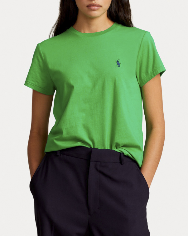 T shirt girocollo verde smeraldo in cotone con logo ricamato sul petto