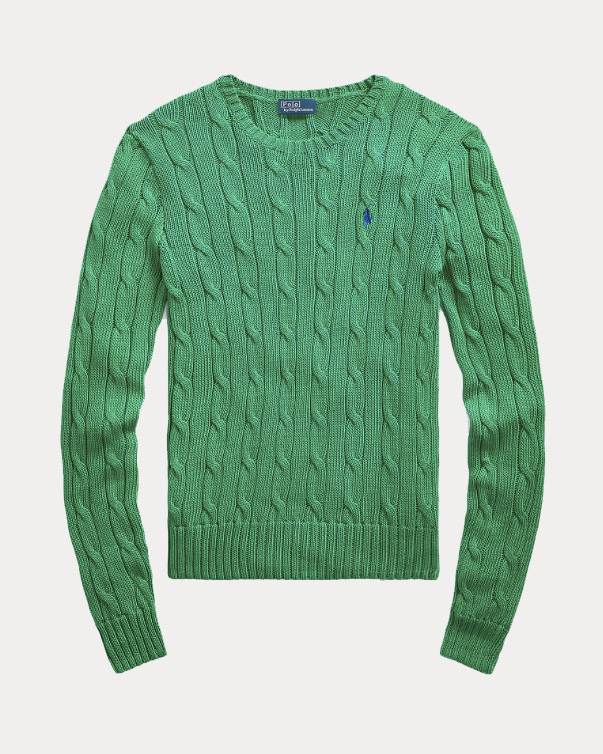 Maglioncino verde smeraldo in cotone lavorazione a trecce con logo blu ricamato