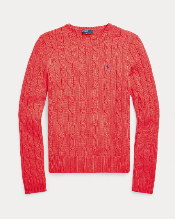 Maglioncino Polo color corallo in cotone lavorazione a trecce con logo blu ricamato