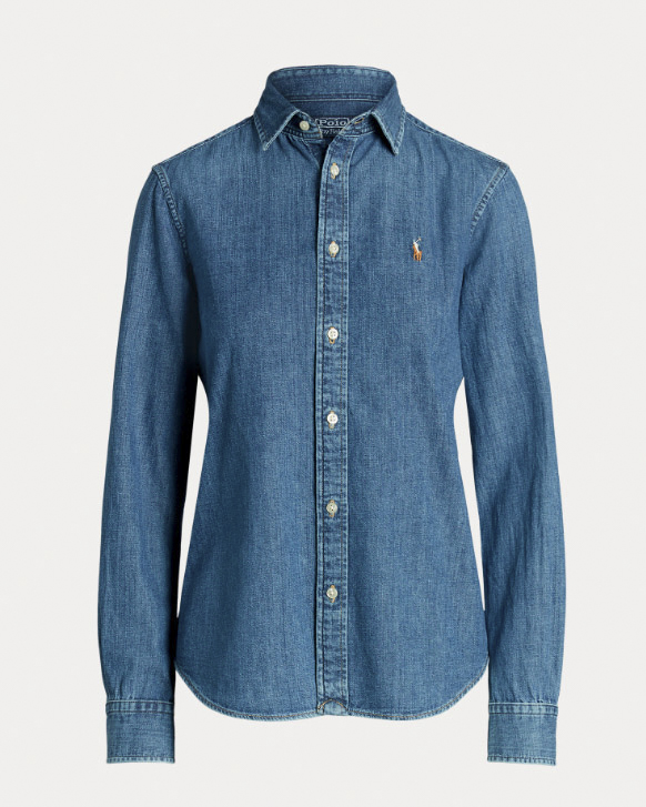 Camicia blu in denim di cotone Polo con logo ricamato a contrasto sul petto