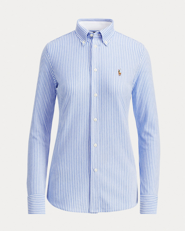 Camicia Oxford Polo Ralph Lauren button down in mesh di cotone a righe bianche e azzurre con logo ricamato sul petto