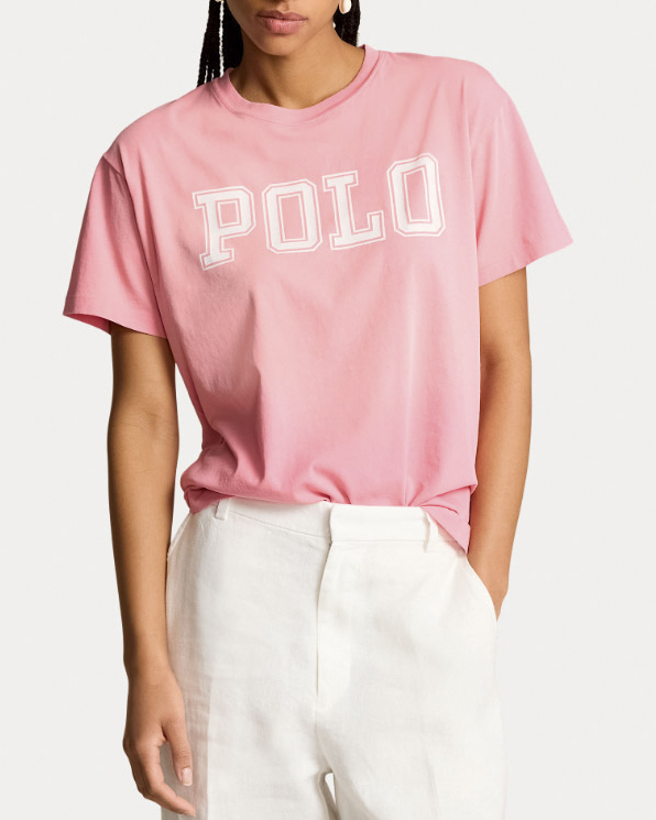 T-shirt rosa corallo in cotone con scritta logo Polo bianca stampata image