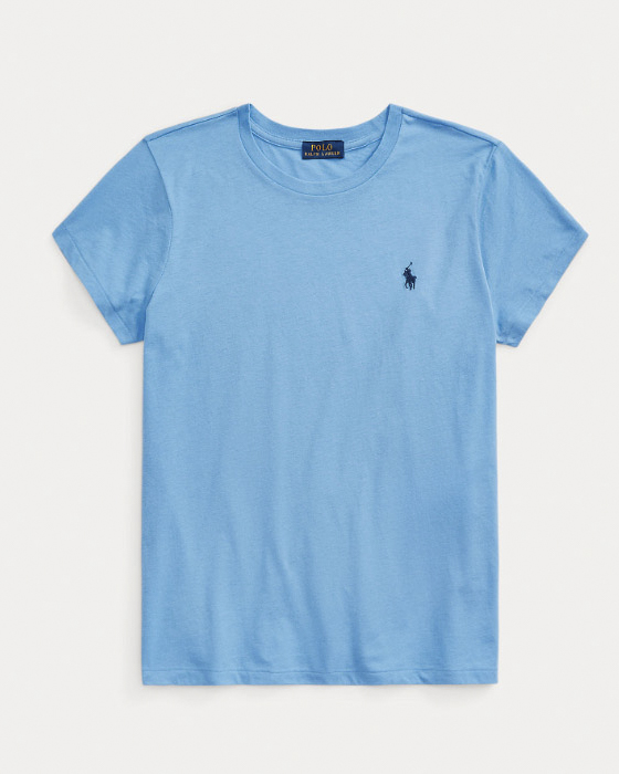 T-shirt girocollo azzurra in cotone Polo con logo ricamato sul petto