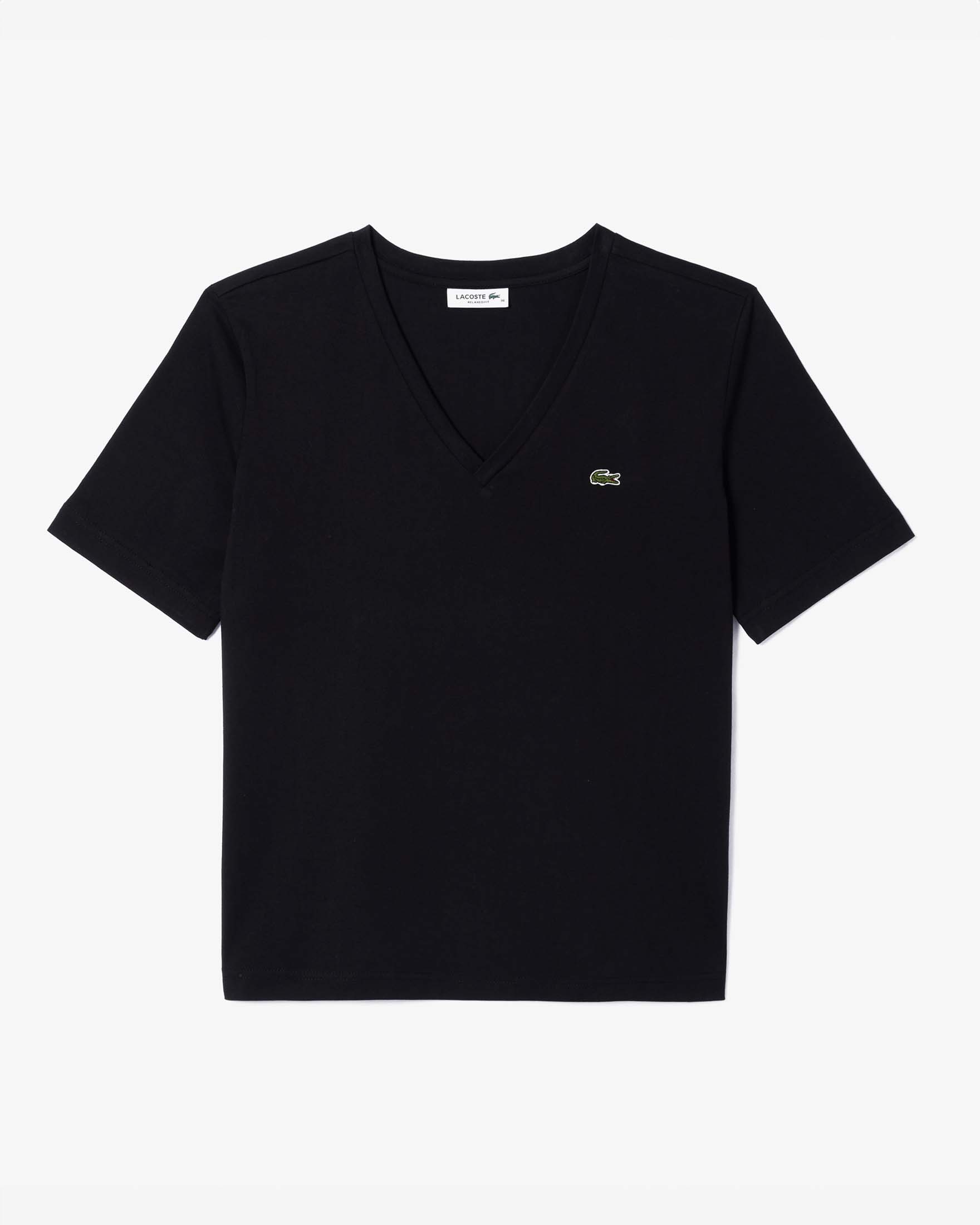 T-shirt boxy nera con scollo a V in cotone con coccodrillo verde ricamato sul petto