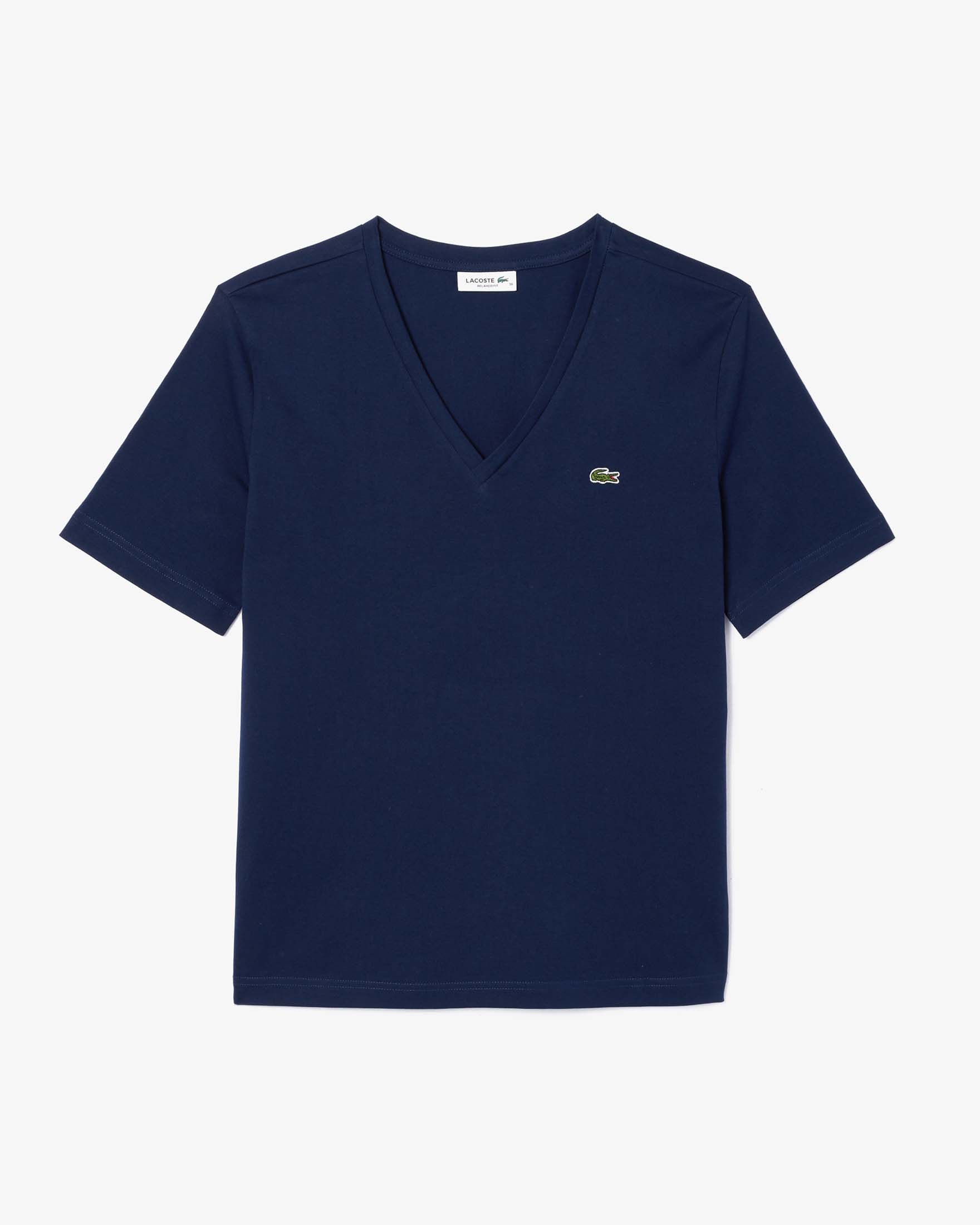 T-shirt boxy Lacoste blu con scollo a V in cotone con coccodrillo verde ricamato sul petto