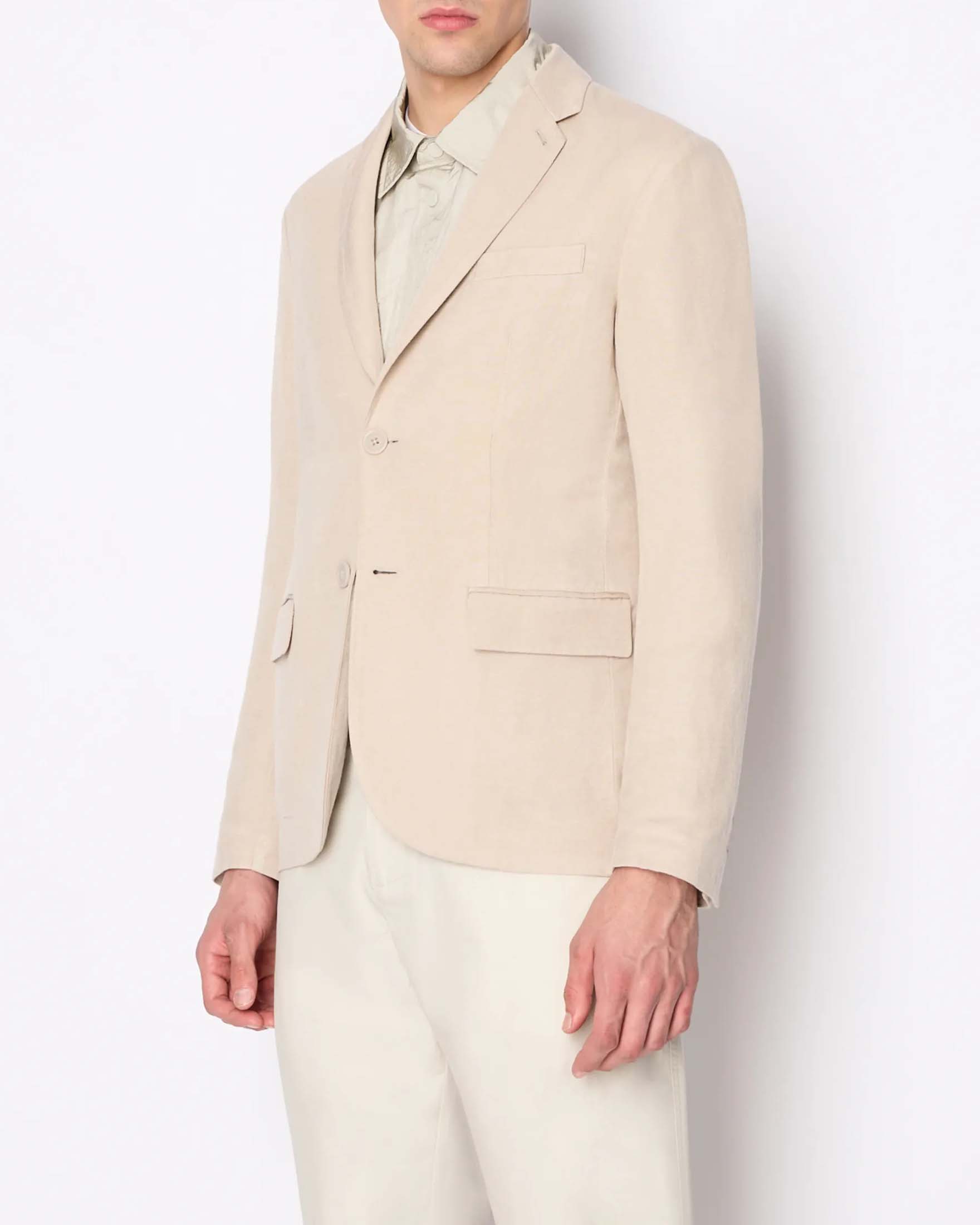 Blazer Exchange color sabbia in twill di lino e viscosa con rever classico e chiusura monopetto