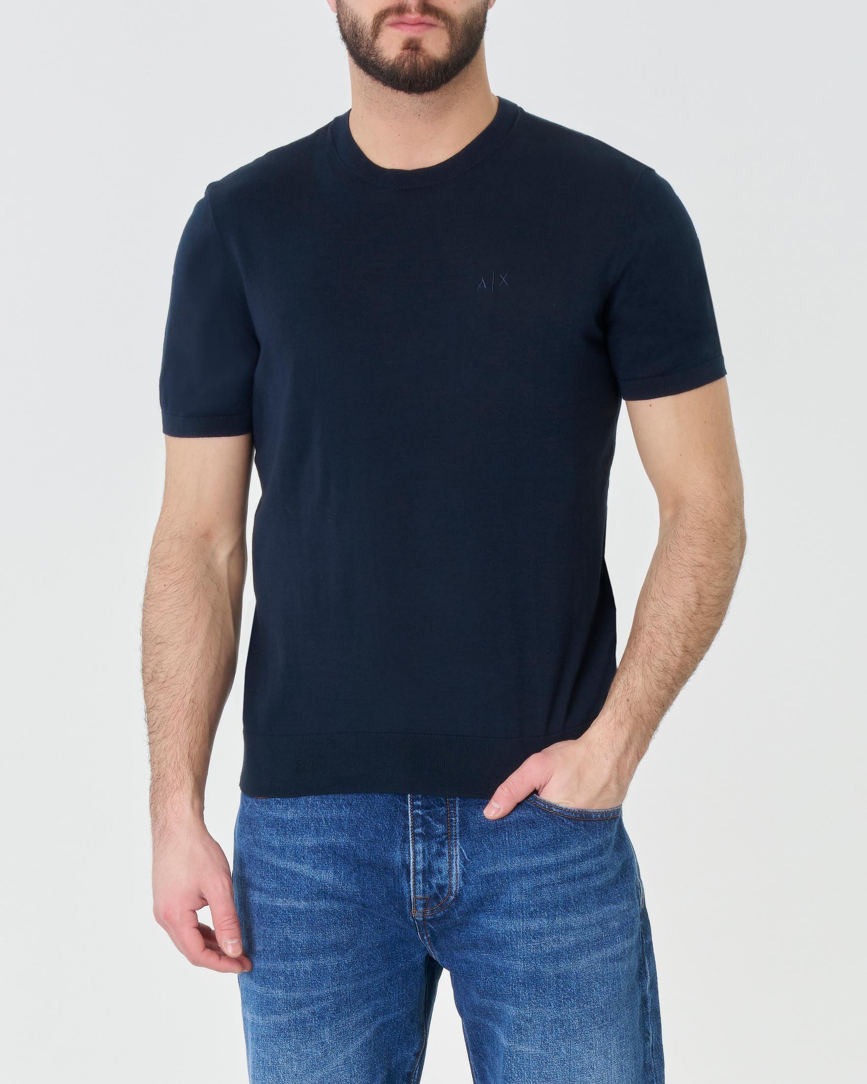T-shirt blu mezza manica in maglia di cotone