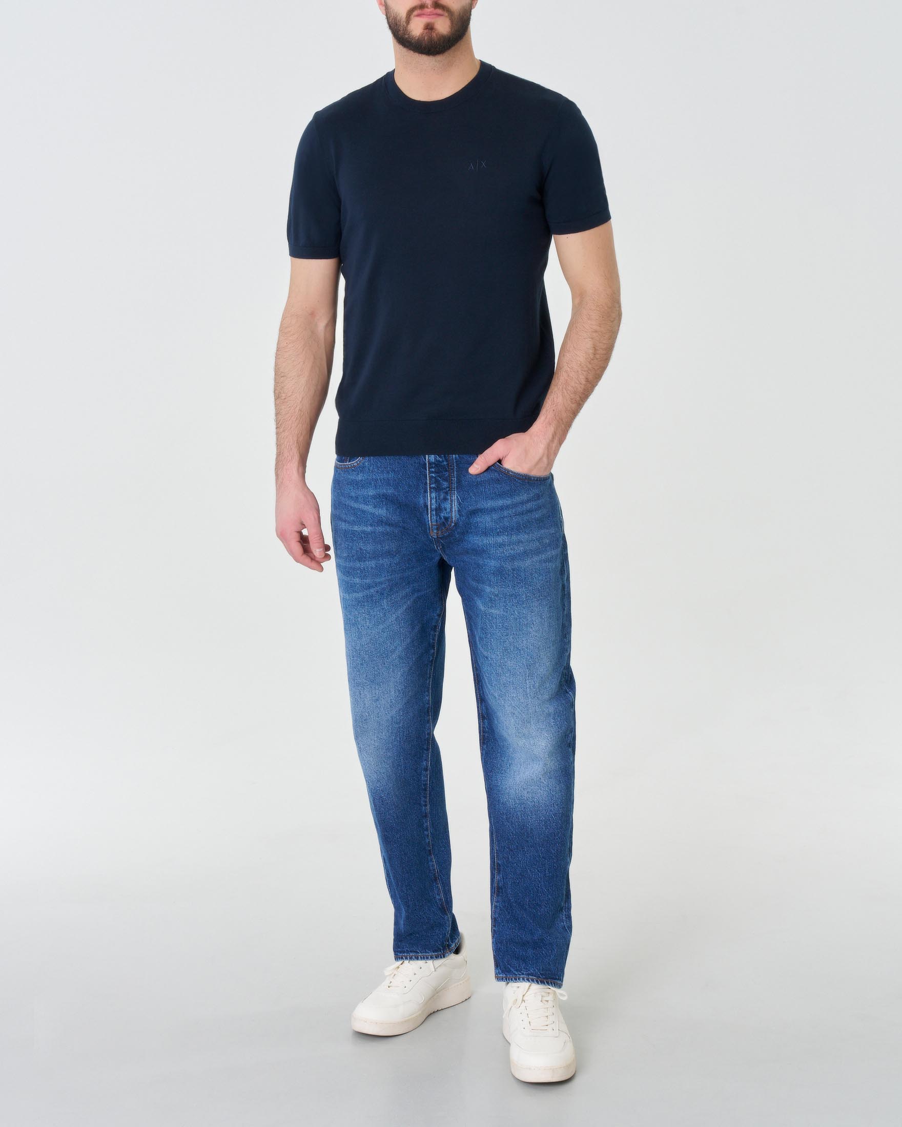 T-shirt blu mezza manica in maglia di cotone image