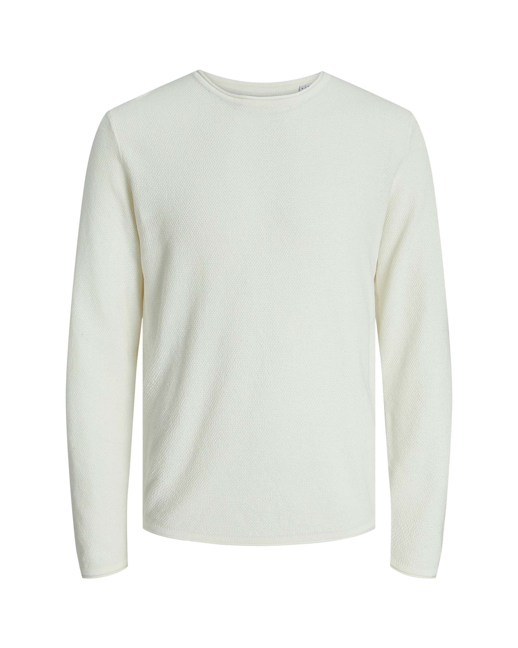 Maglia girocollo color panna regular-fit in puro cotone a punto riso con bordi arrotolati