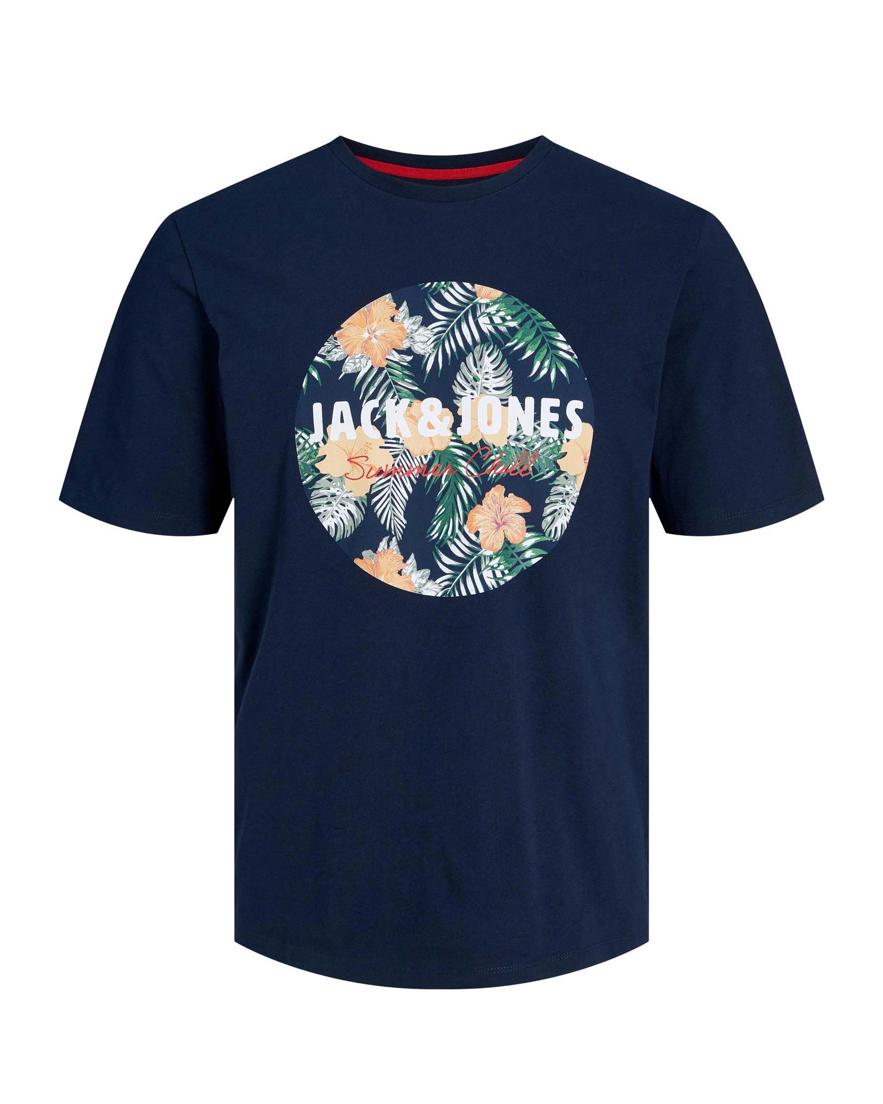 T-shirt blu regular-fit in puro cotone con stampa logo frontale rotonda a fantasia tropicale