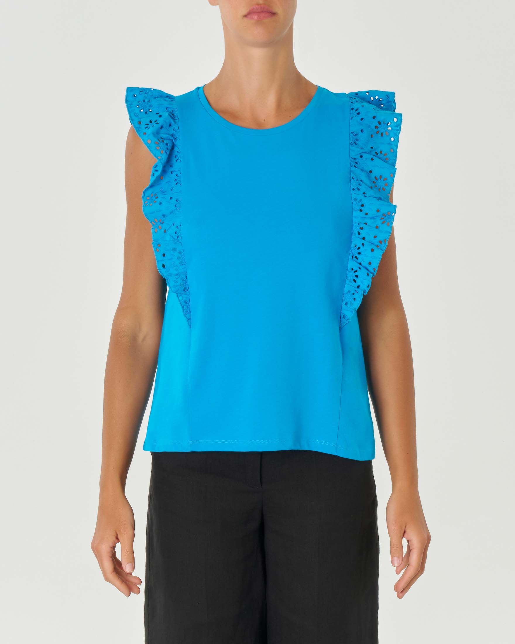 T shirt turchese in cotone con maniche a volant in pizzo Sangallo