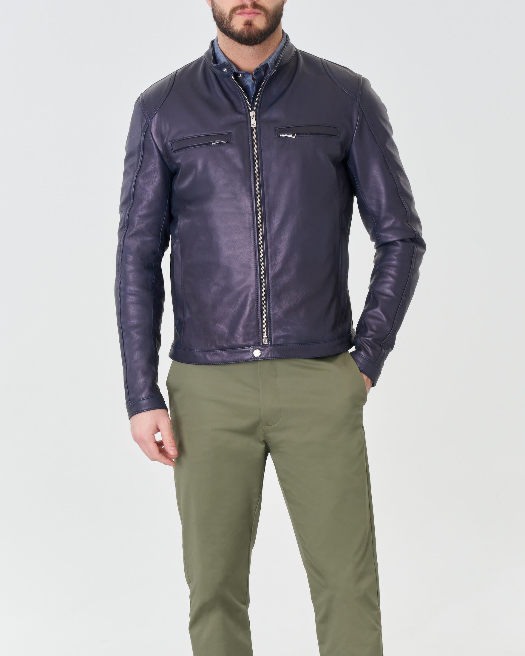Giubbino biker blu in vera pelle