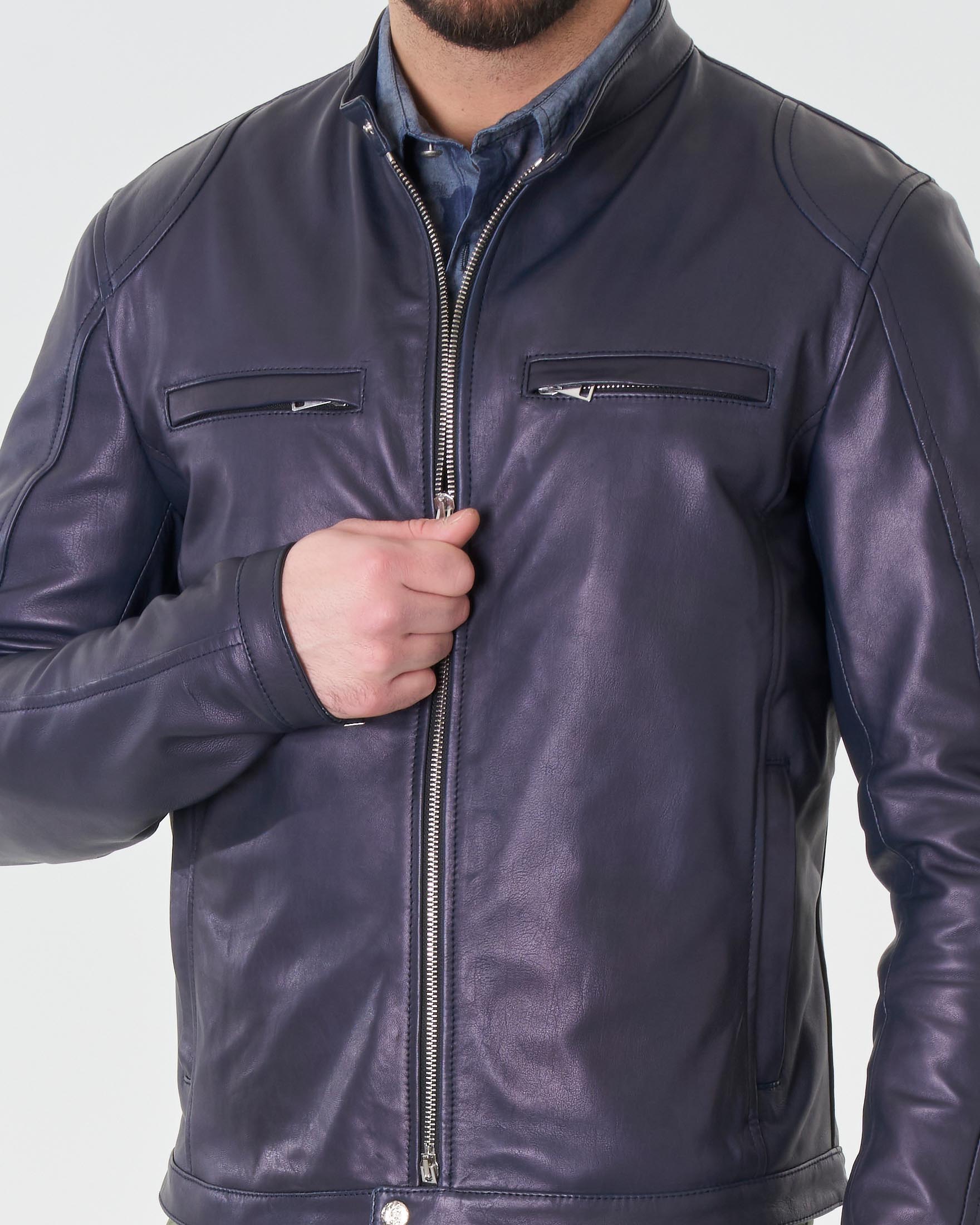 Giubbino biker blu in vera pelle image