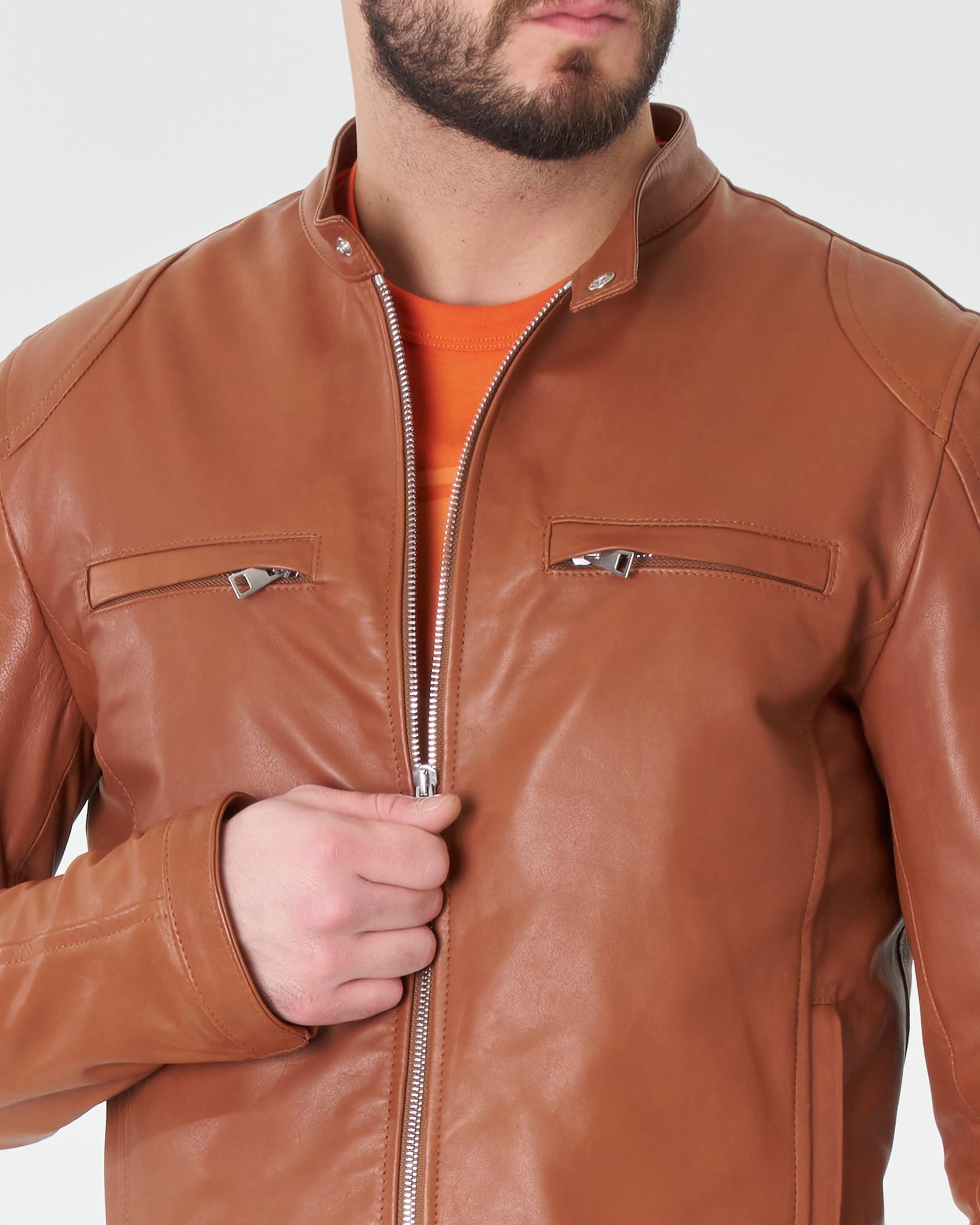 Giubbino biker color cuoio in vera pelle image