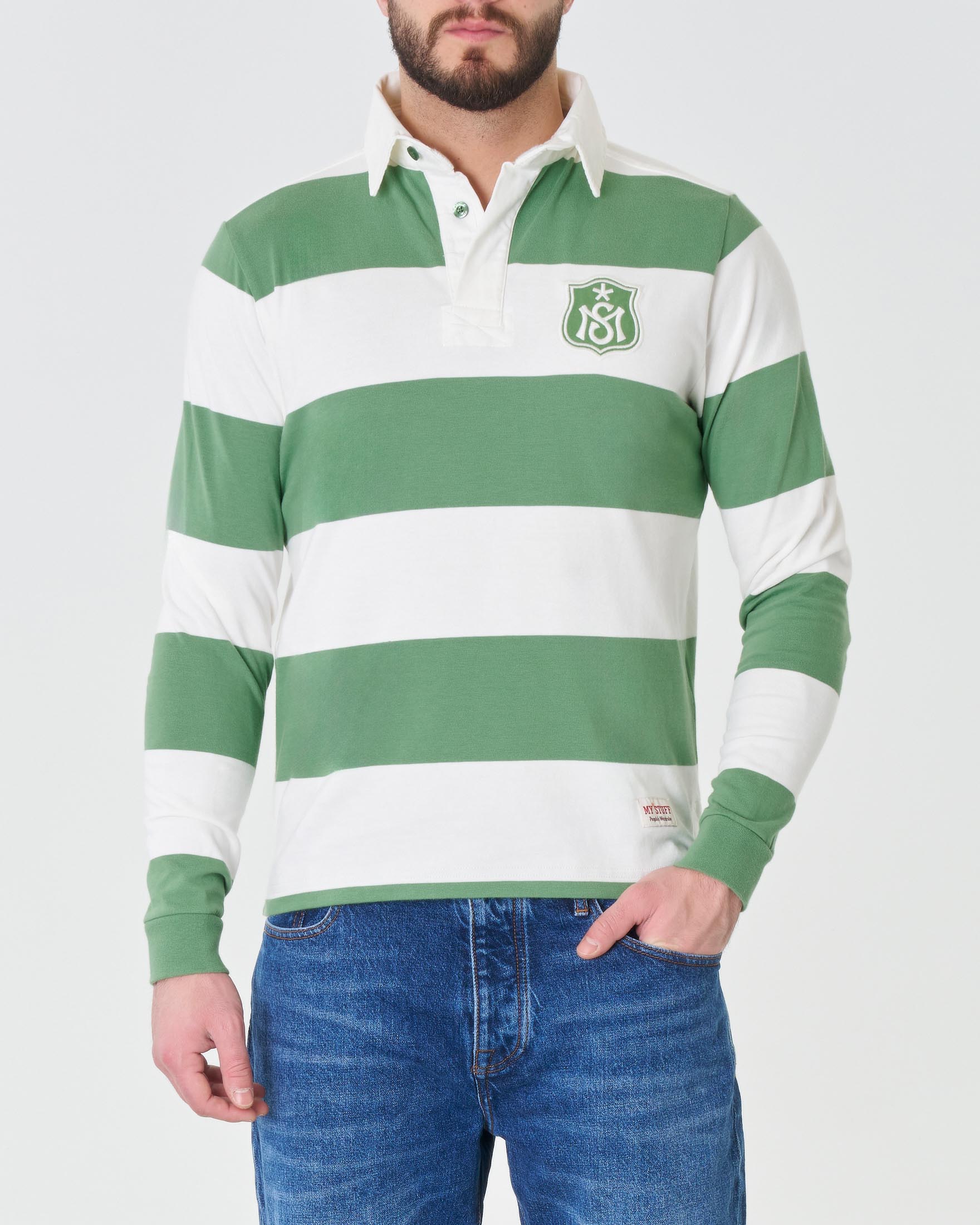Polo rugby manica lunga a righe bianche e verdi in pima cotton