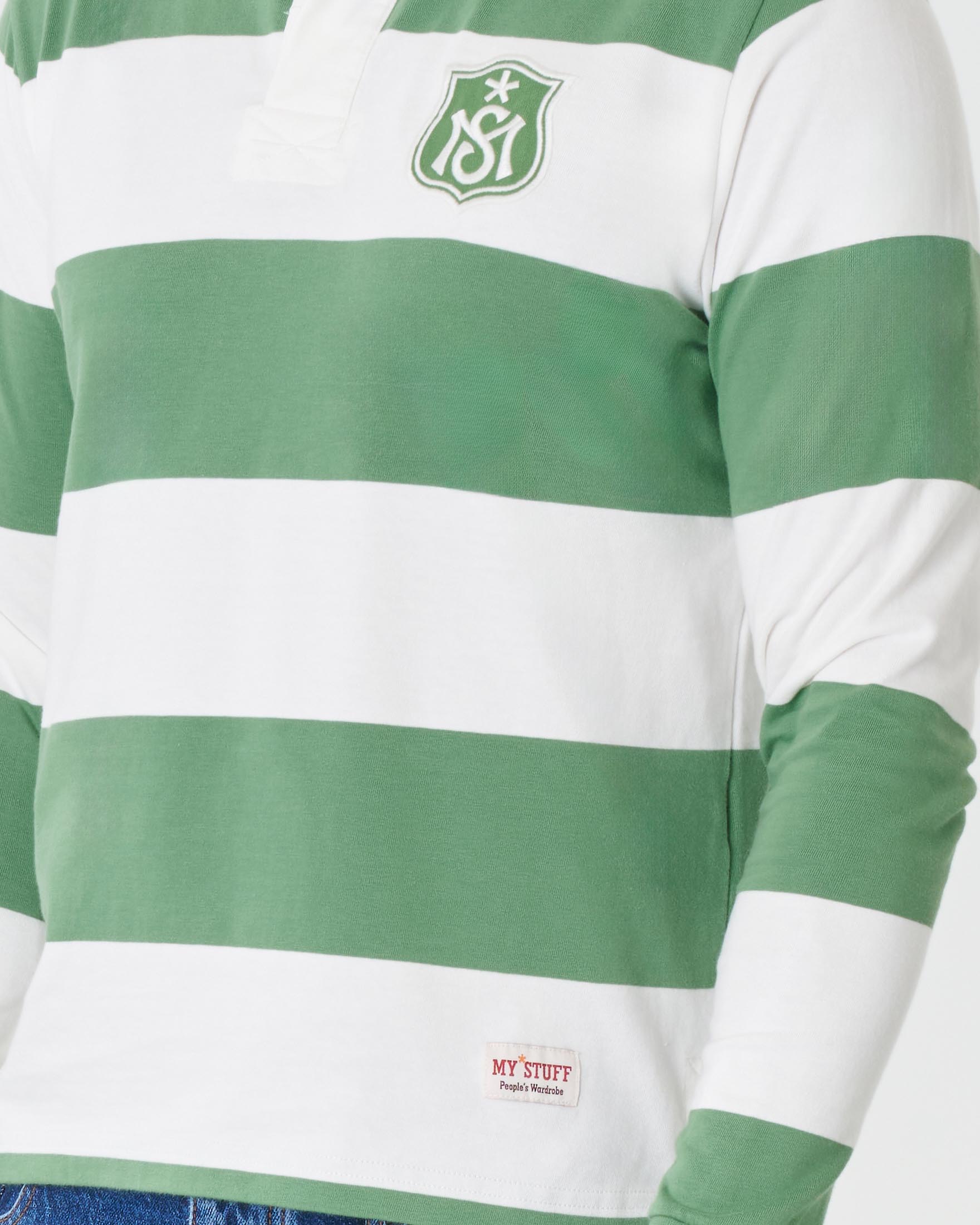 Polo rugby manica lunga a righe bianche e verdi in pima cotton image