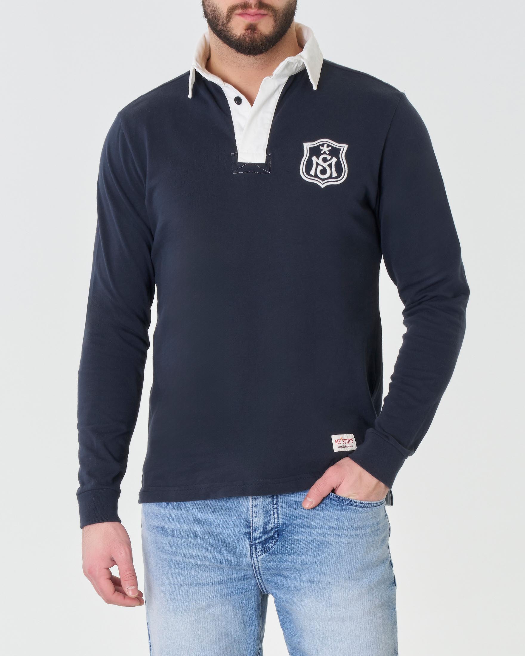 Polo blu manica lunga in pima cotton con colletto bianco