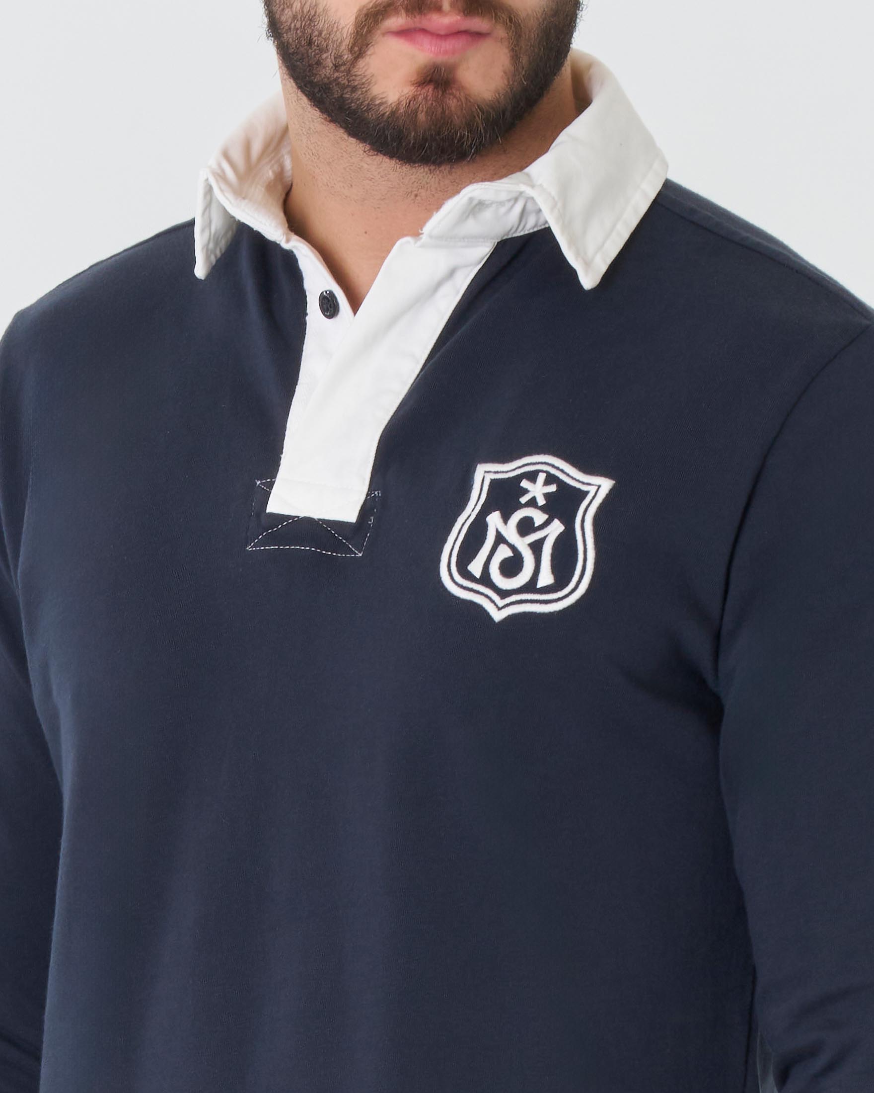 Polo blu manica lunga in pima cotton con colletto bianco image