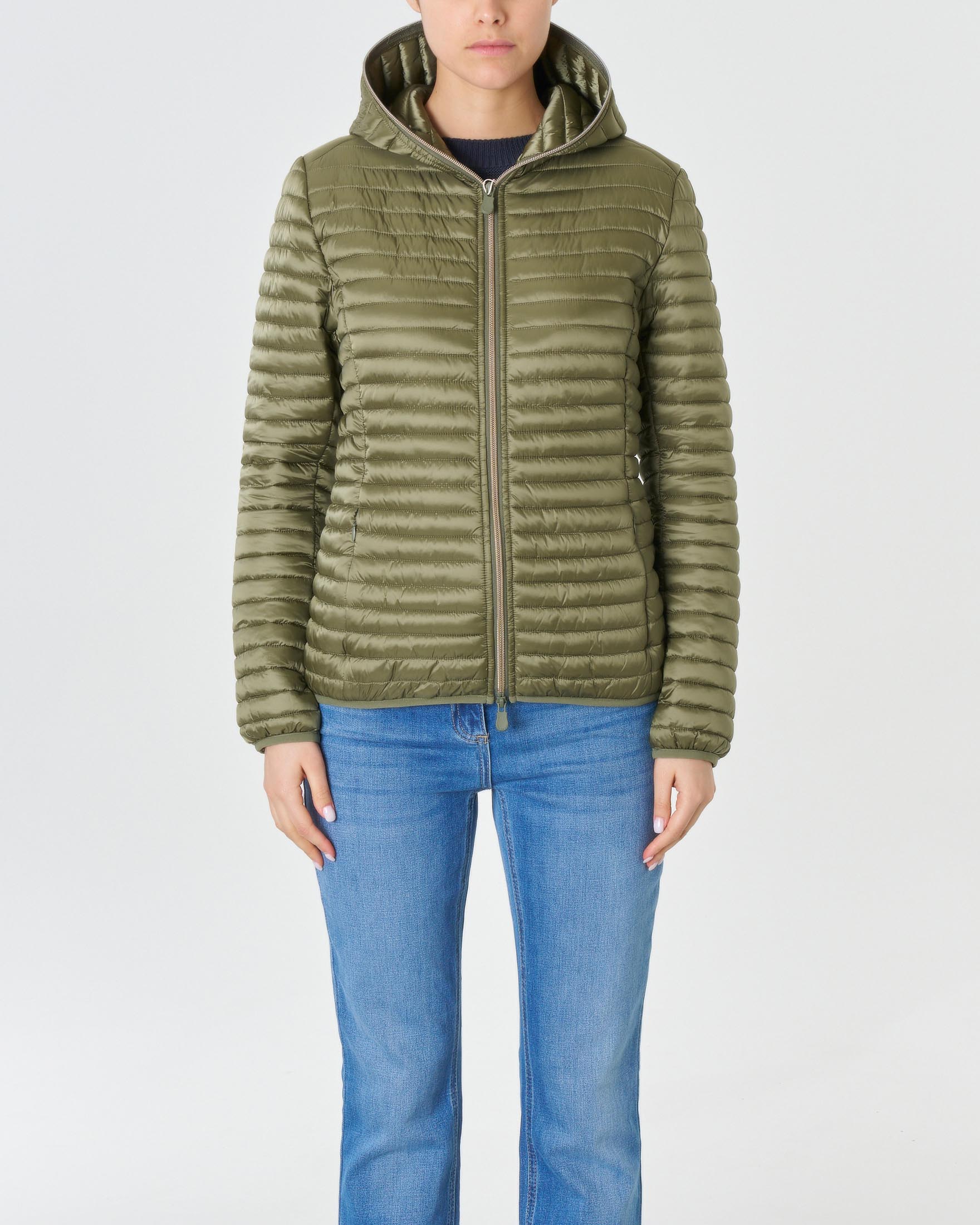 Piumino leggero verde militare in tessuto effetto raso con cappuccio fisso