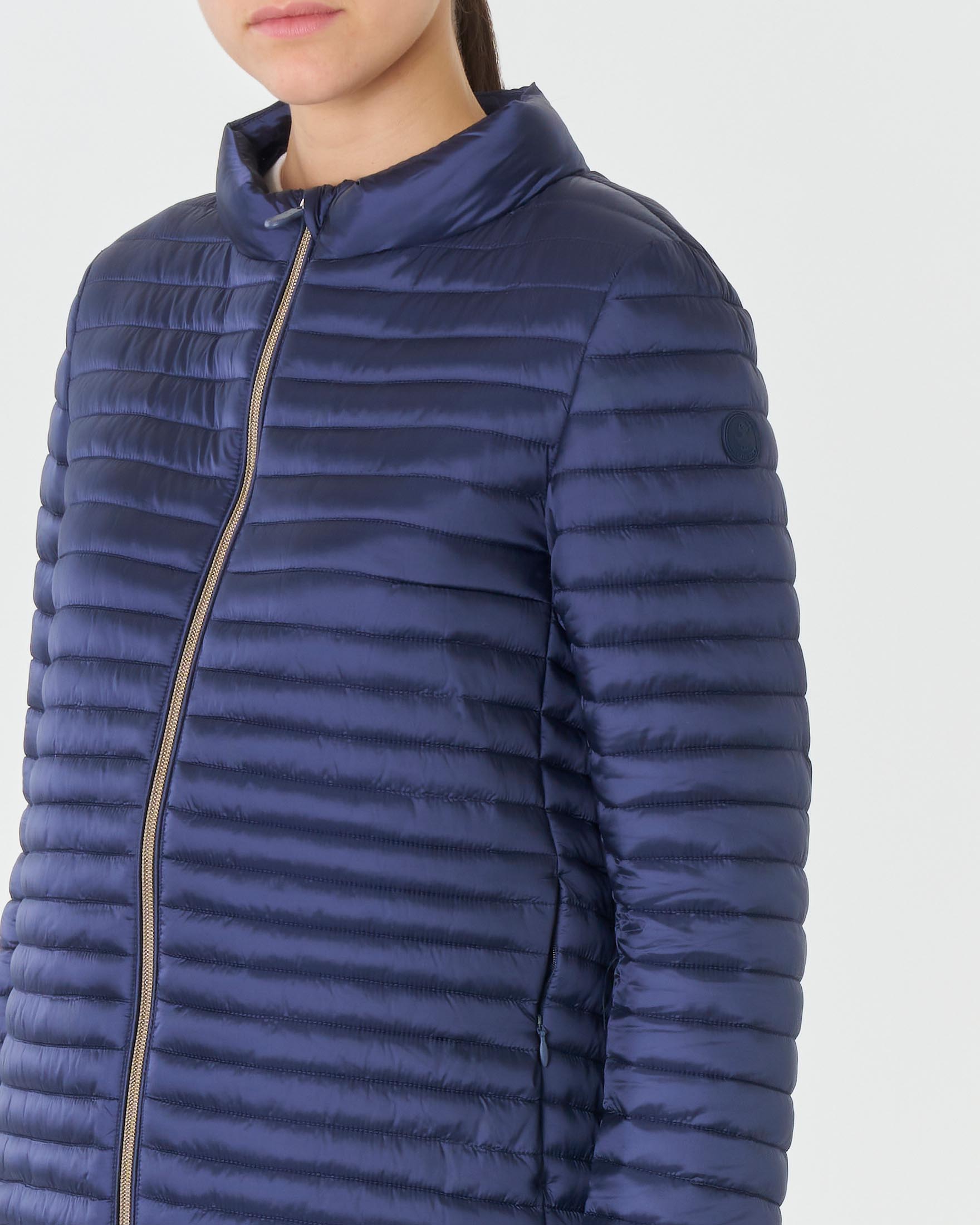 Piumino midi bluette con colletto in piedi e cappuccio removibile image